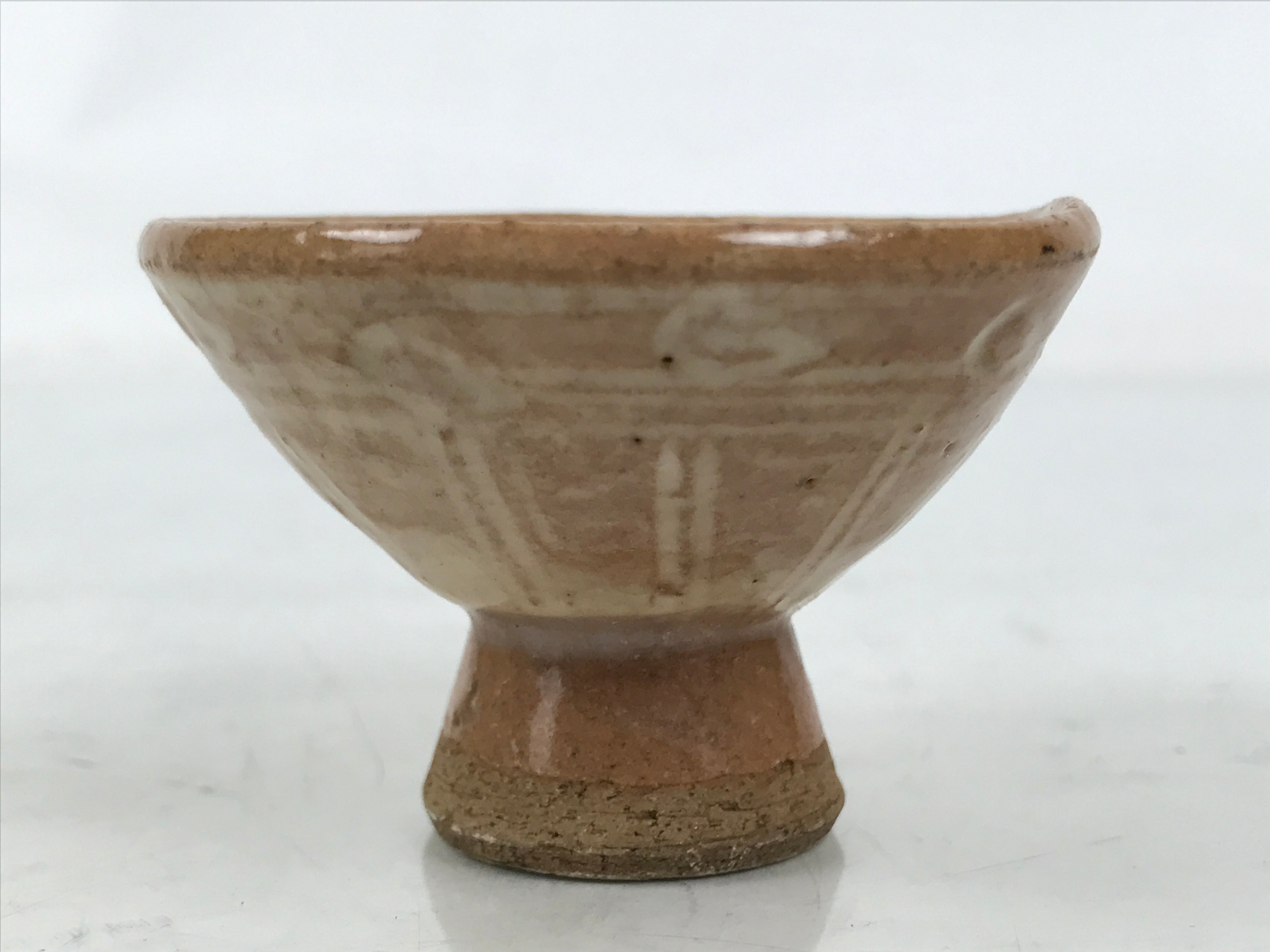 Japanese Ceramic Sake Cup Vtg Guinomi Light Brown Geometric Brush White G282