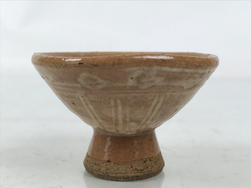 Japanese Ceramic Sake Cup Vtg Guinomi Light Brown Geometric Brush White G282