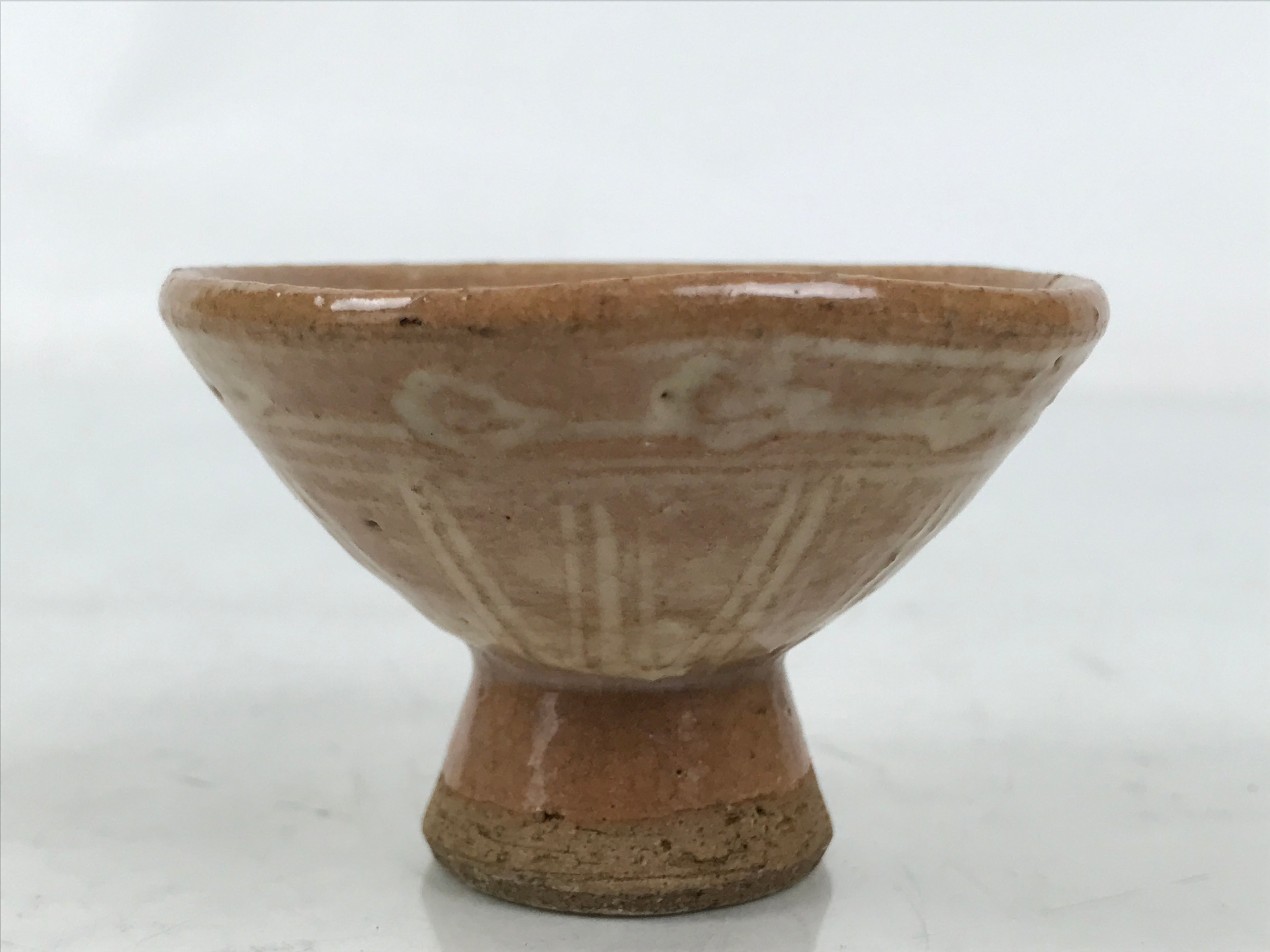 Japanese Ceramic Sake Cup Vtg Guinomi Light Brown Geometric Brush White G282