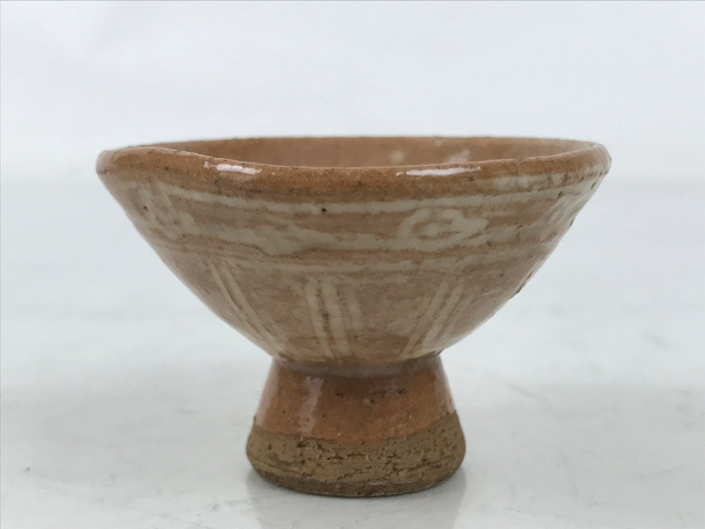 Japanese Ceramic Sake Cup Vtg Guinomi Light Brown Geometric Brush White G282