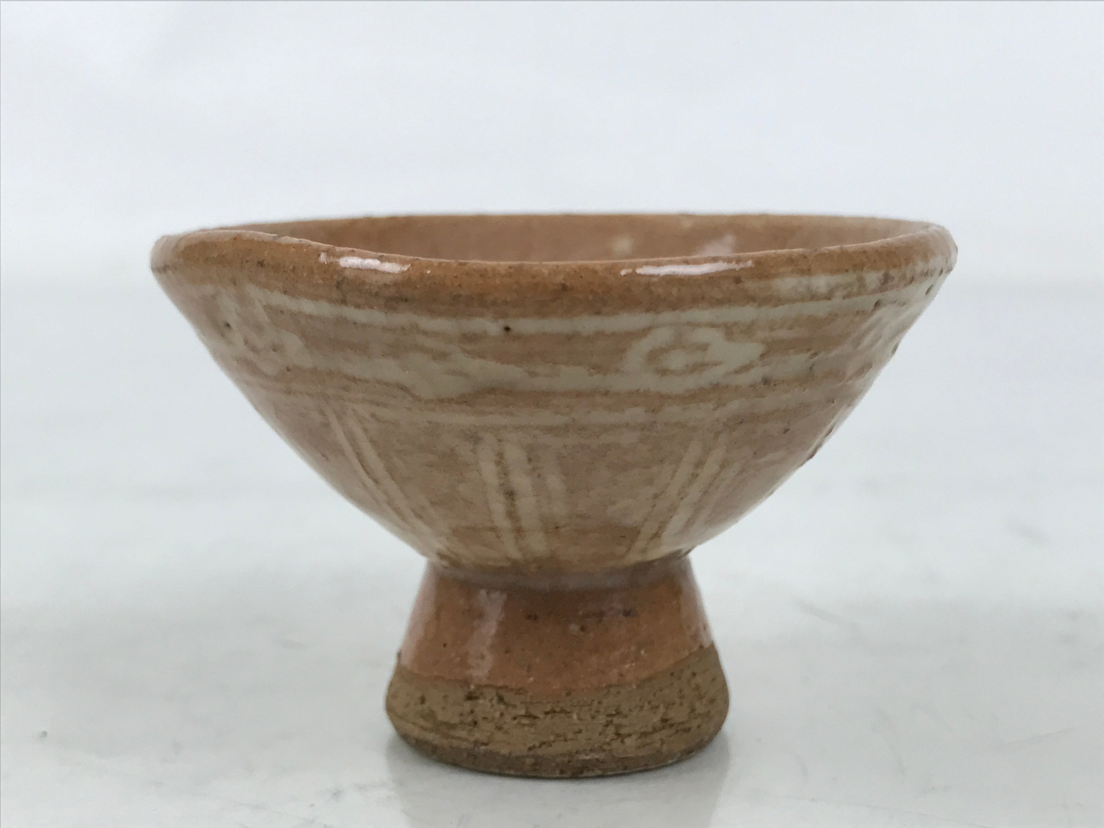 Japanese Ceramic Sake Cup Vtg Guinomi Light Brown Geometric Brush White G282