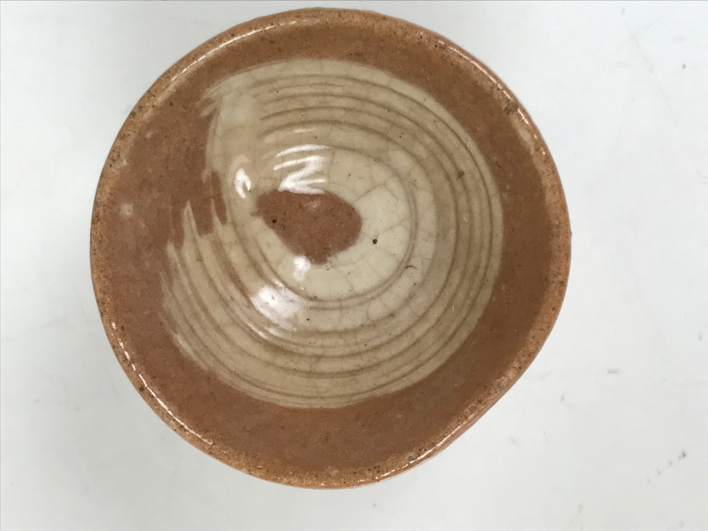 Japanese Ceramic Sake Cup Vtg Guinomi Light Brown Geometric Brush White G282