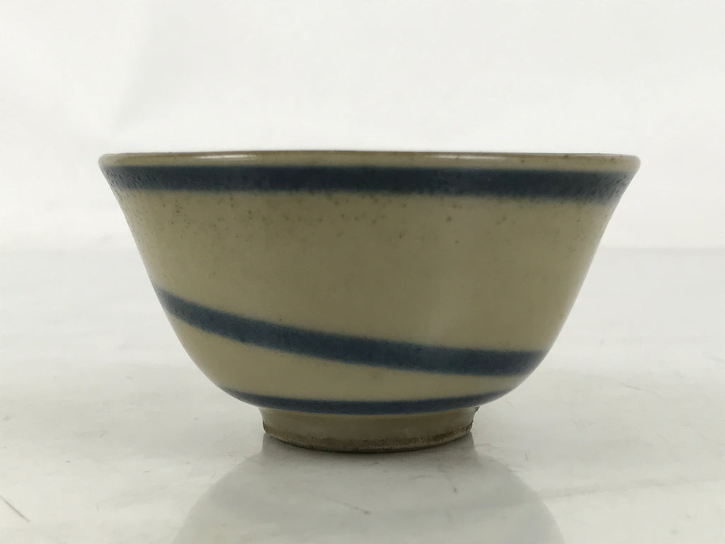 Japanese Ceramic Sake Cup Vtg Guinomi Ochoko Beige Dark Blue Swirl Line G285