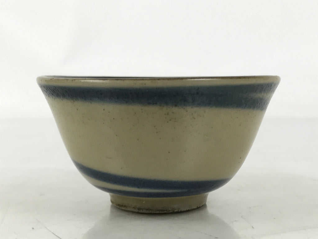 Japanese Ceramic Sake Cup Vtg Guinomi Ochoko Beige Dark Blue Swirl Line G285