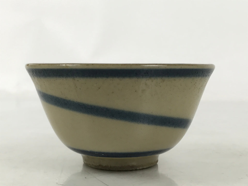 Japanese Ceramic Sake Cup Vtg Guinomi Ochoko Beige Dark Blue Swirl Line G285