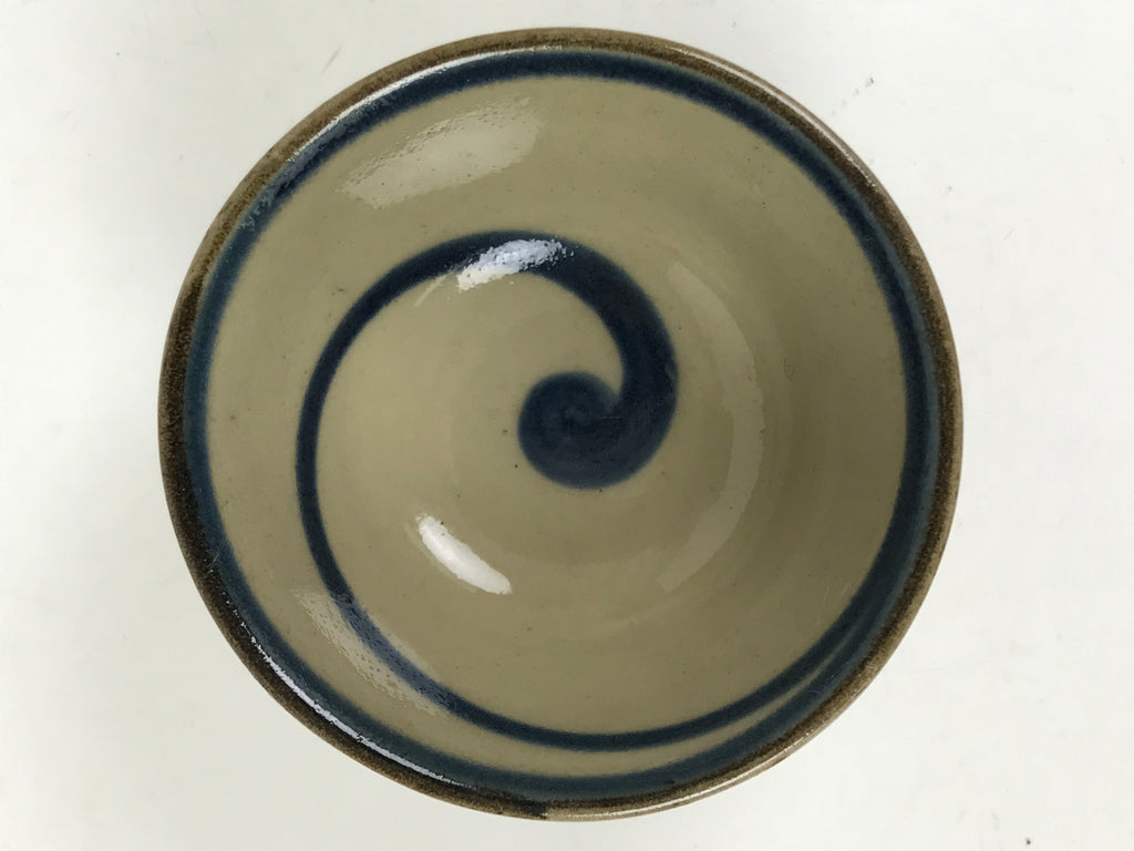 Japanese Ceramic Sake Cup Vtg Guinomi Ochoko Beige Dark Blue Swirl Line G285