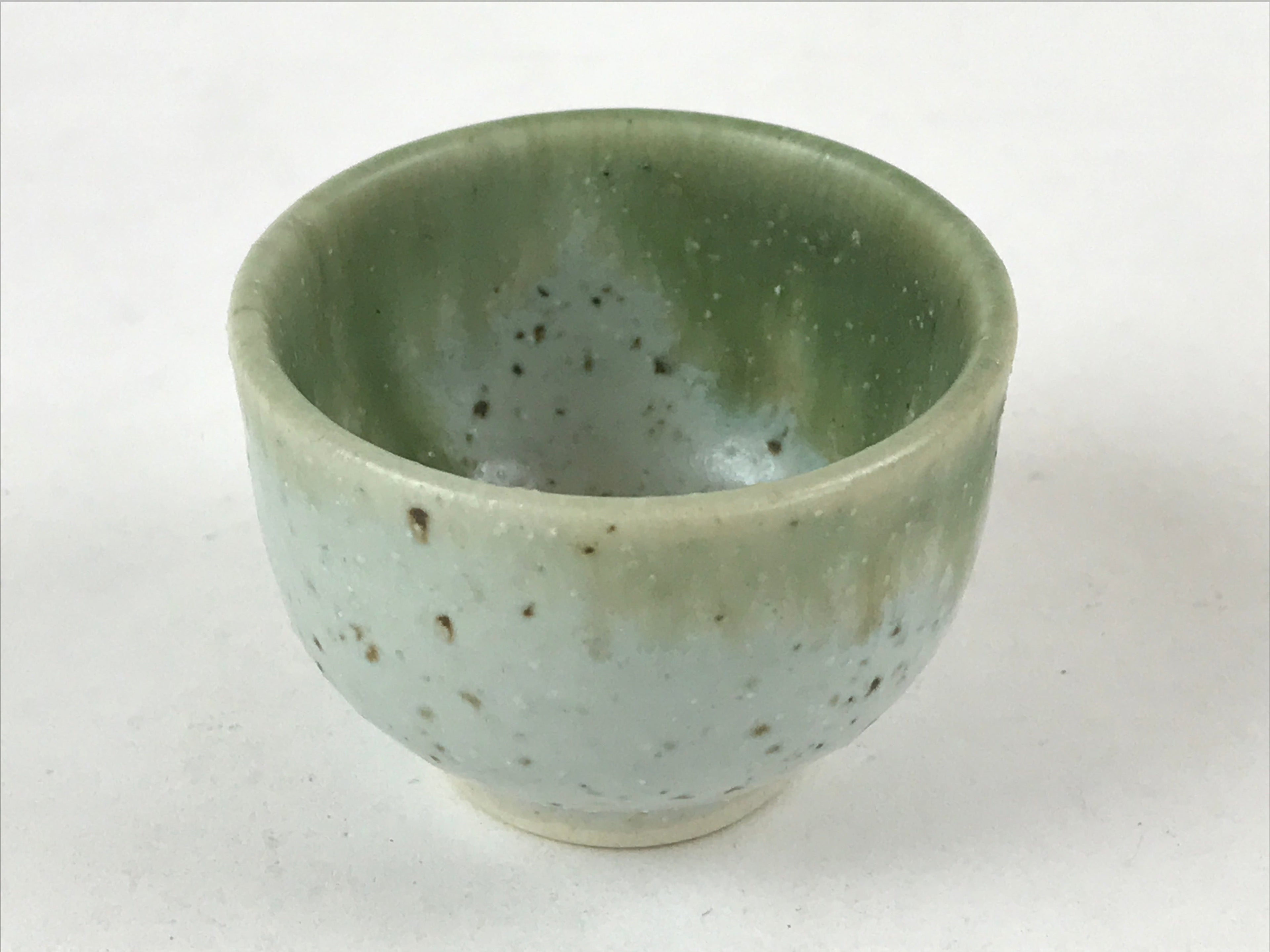 Japanese Ceramic Sake Cup Vtg Tsubomi Guinomi Green Mint Brown Speckle G125