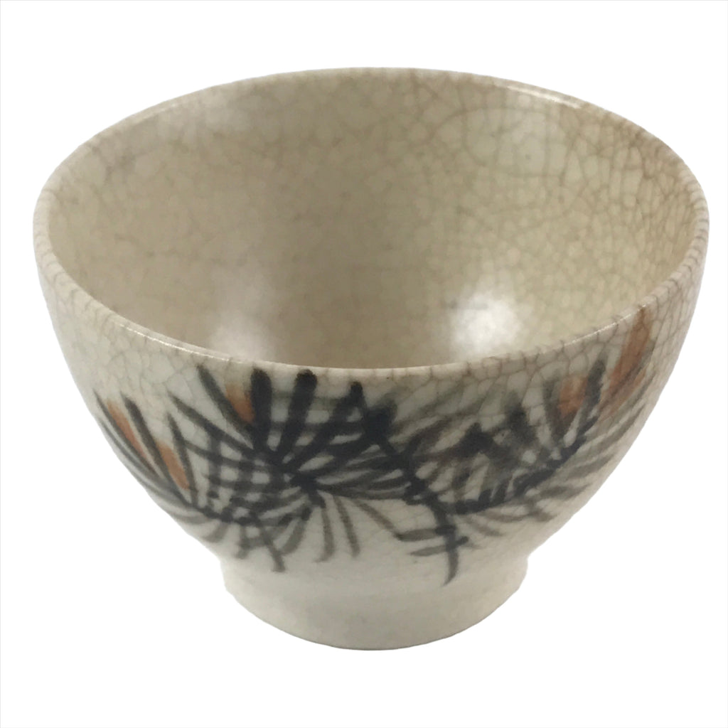 Japanese Ceramic Sake Cup Vtg Tsubomi Ochoko Guinomi Beige Crackle Pine G227