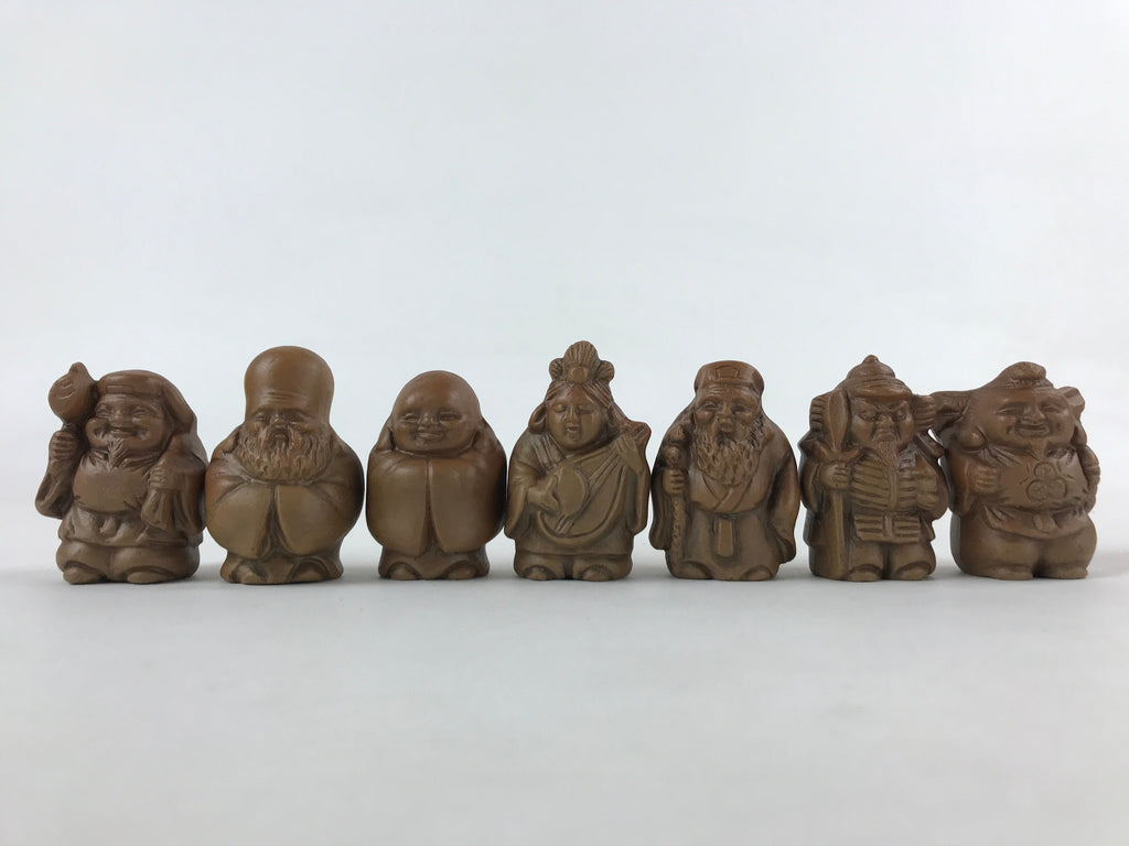 Japanese Ceramic Seven Lucky Gods Figurine Set Vtg Decoration Stand Brown BD933