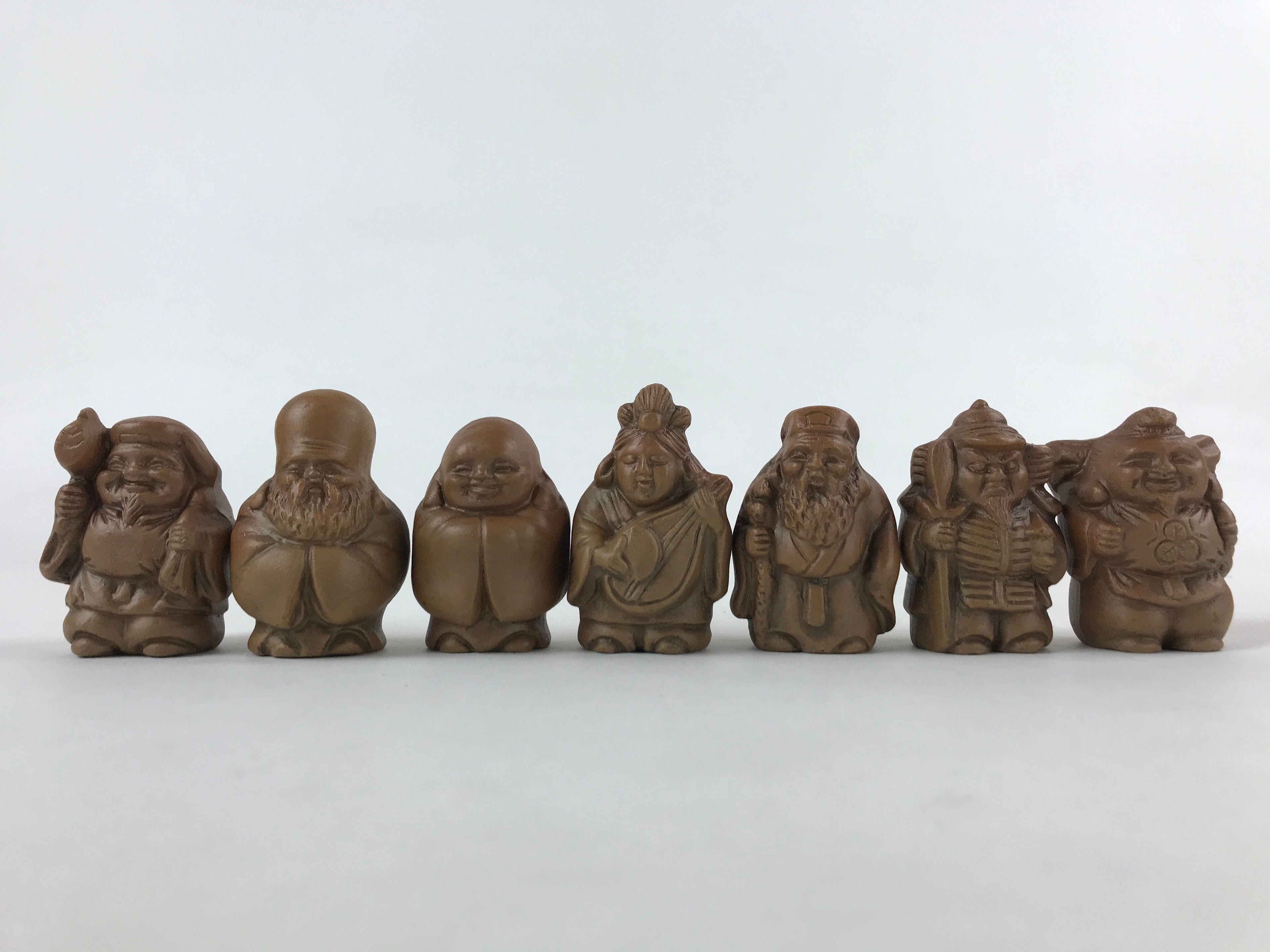 Japanese Ceramic Seven Lucky Gods Figurine Set Vtg Decoration Stand Brown BD933