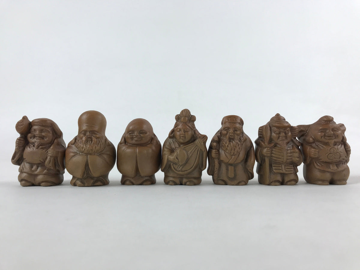 Japanese Ceramic Seven Lucky Gods Figurine Set Vtg Decoration Stand Br ...