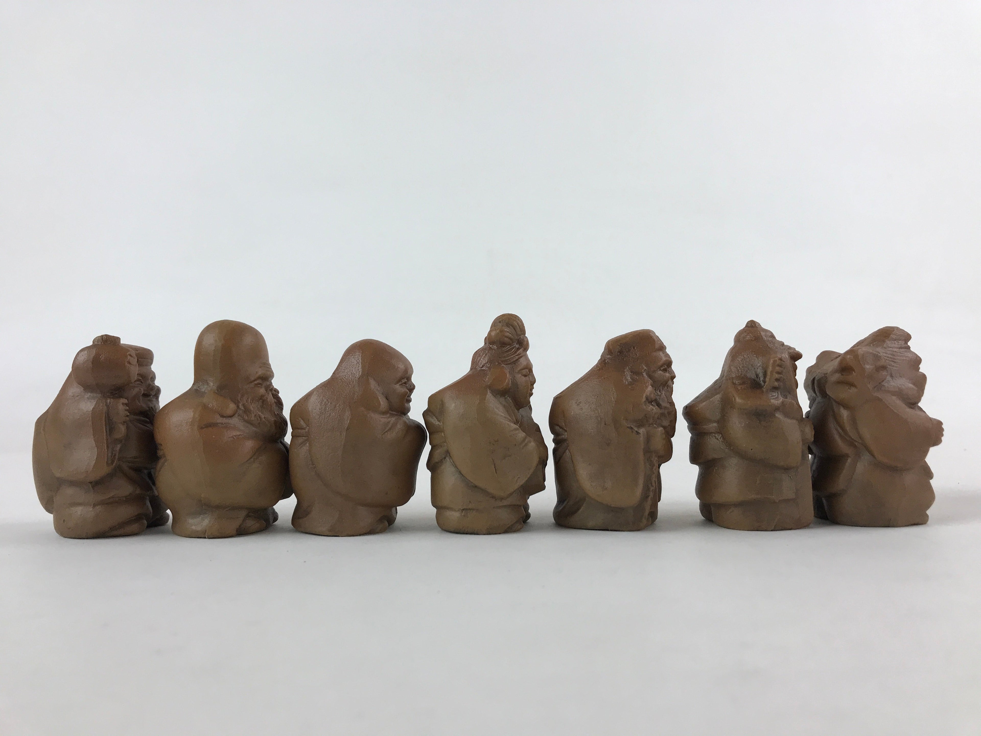 Japanese Ceramic Seven Lucky Gods Figurine Set Vtg Decoration Stand Brown BD933