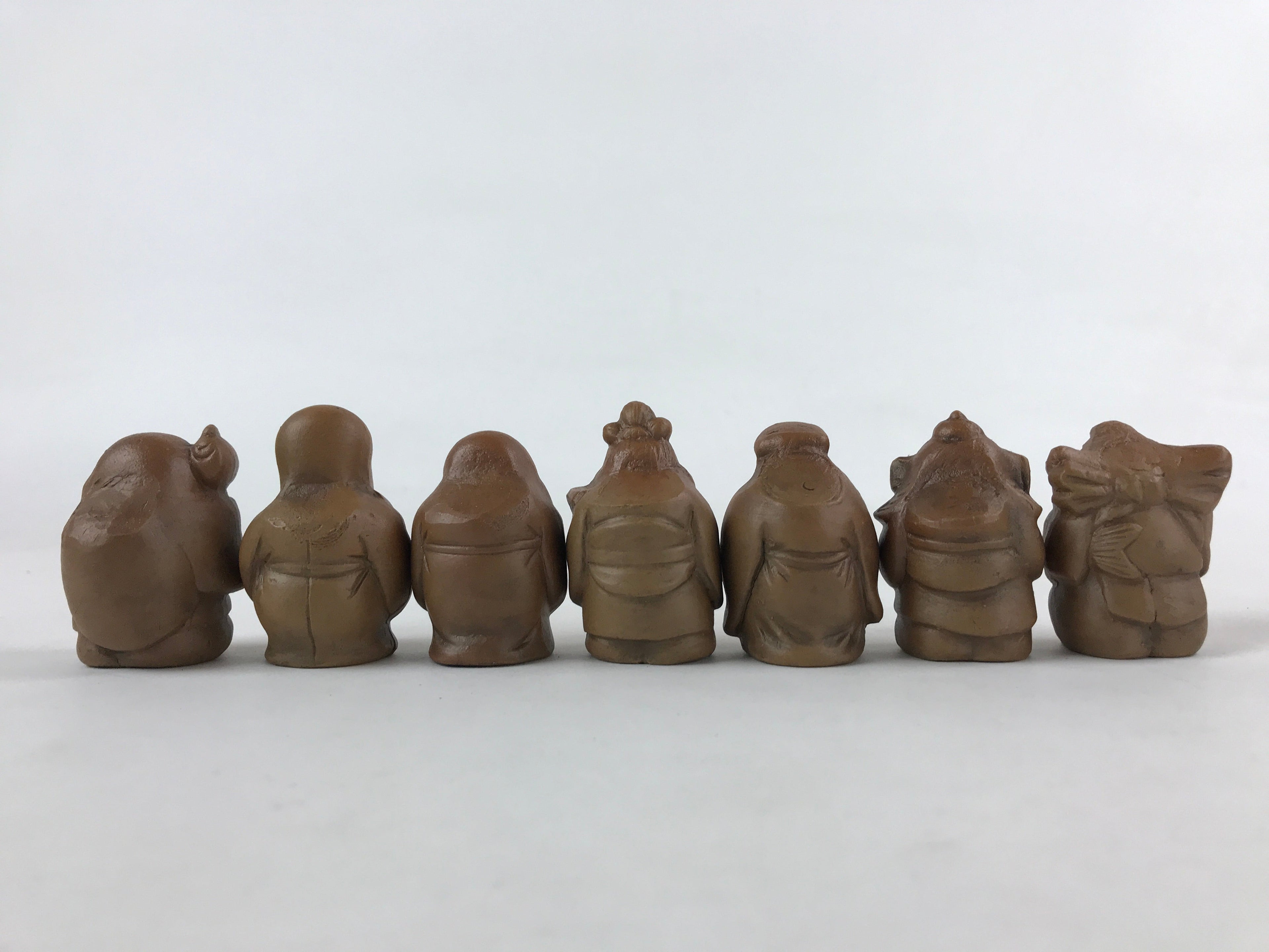 Japanese Ceramic Seven Lucky Gods Figurine Set Vtg Decoration Stand Brown BD933