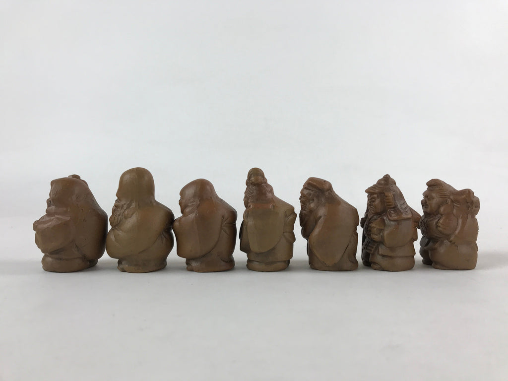 Japanese Ceramic Seven Lucky Gods Figurine Set Vtg Decoration Stand Brown BD933