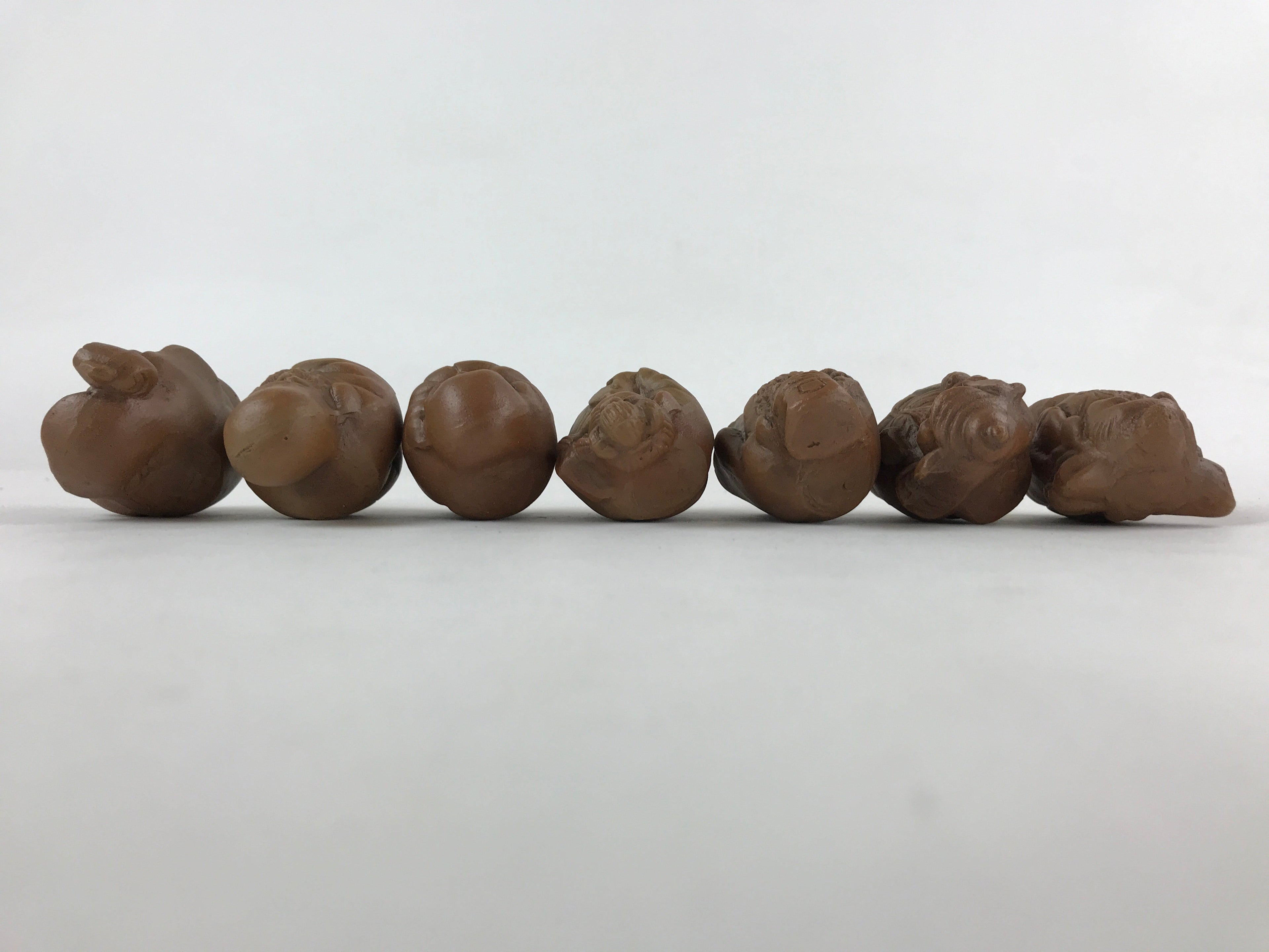 Japanese Ceramic Seven Lucky Gods Figurine Set Vtg Decoration Stand Brown BD933