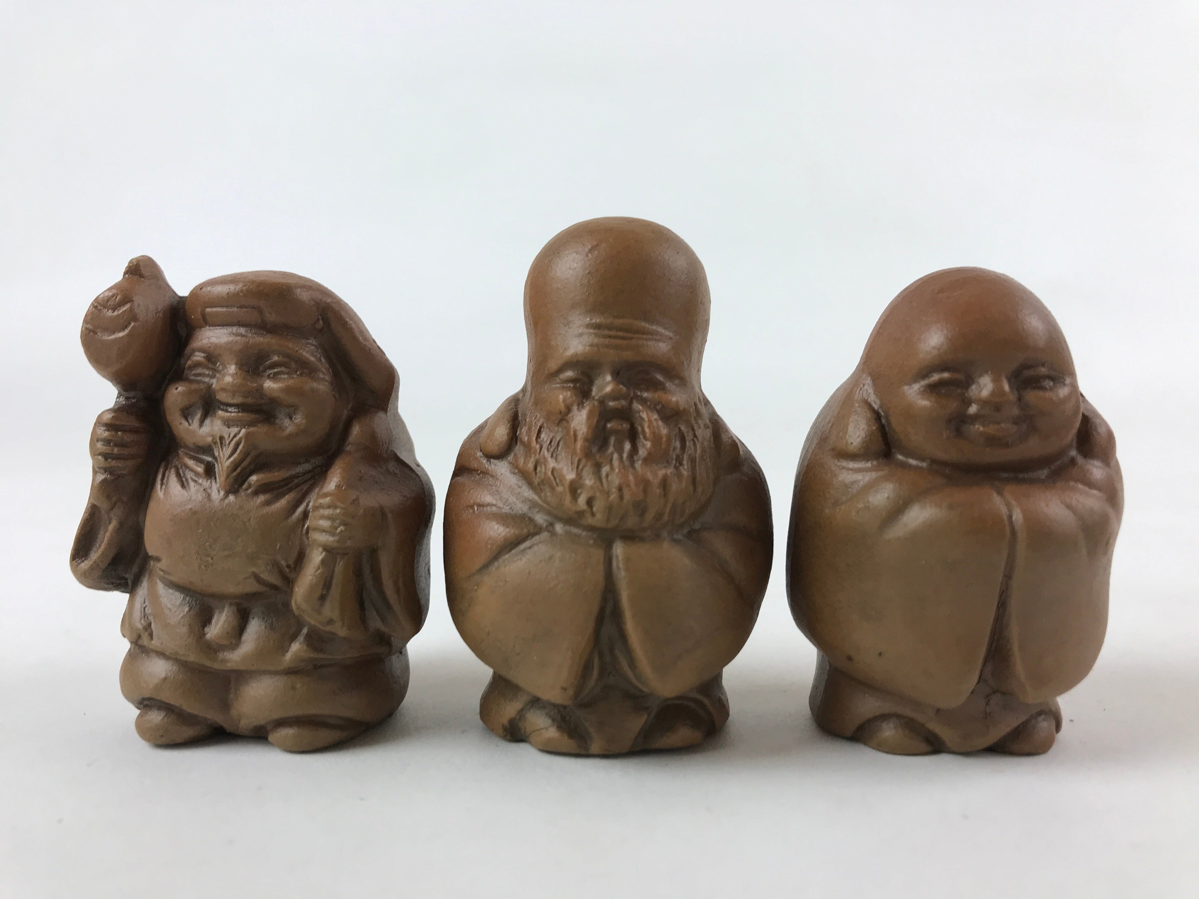 Japanese Ceramic Seven Lucky Gods Figurine Set Vtg Decoration Stand Brown BD933