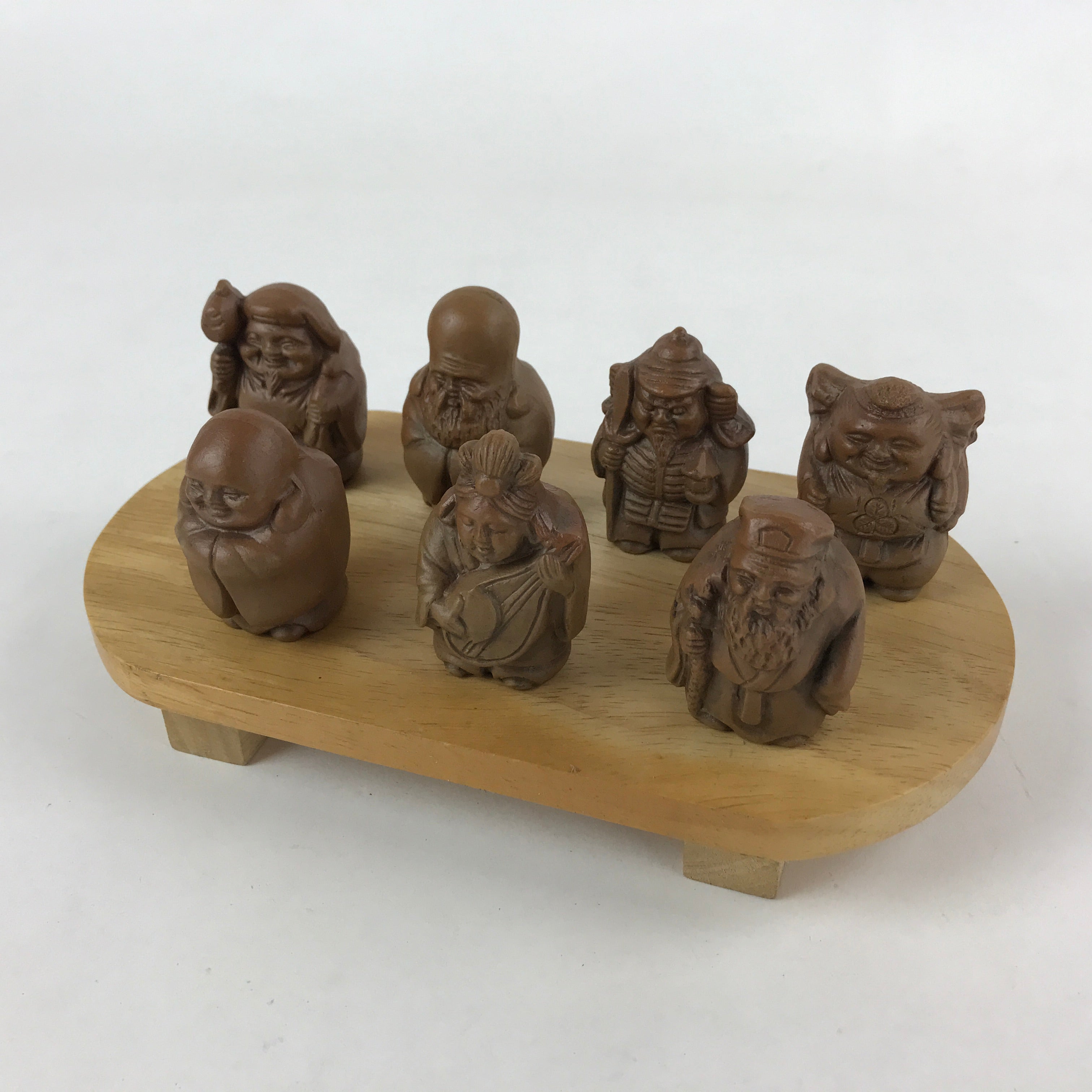 Japanese Ceramic Seven Lucky Gods Figurine Set Vtg Decoration Stand Brown BD933