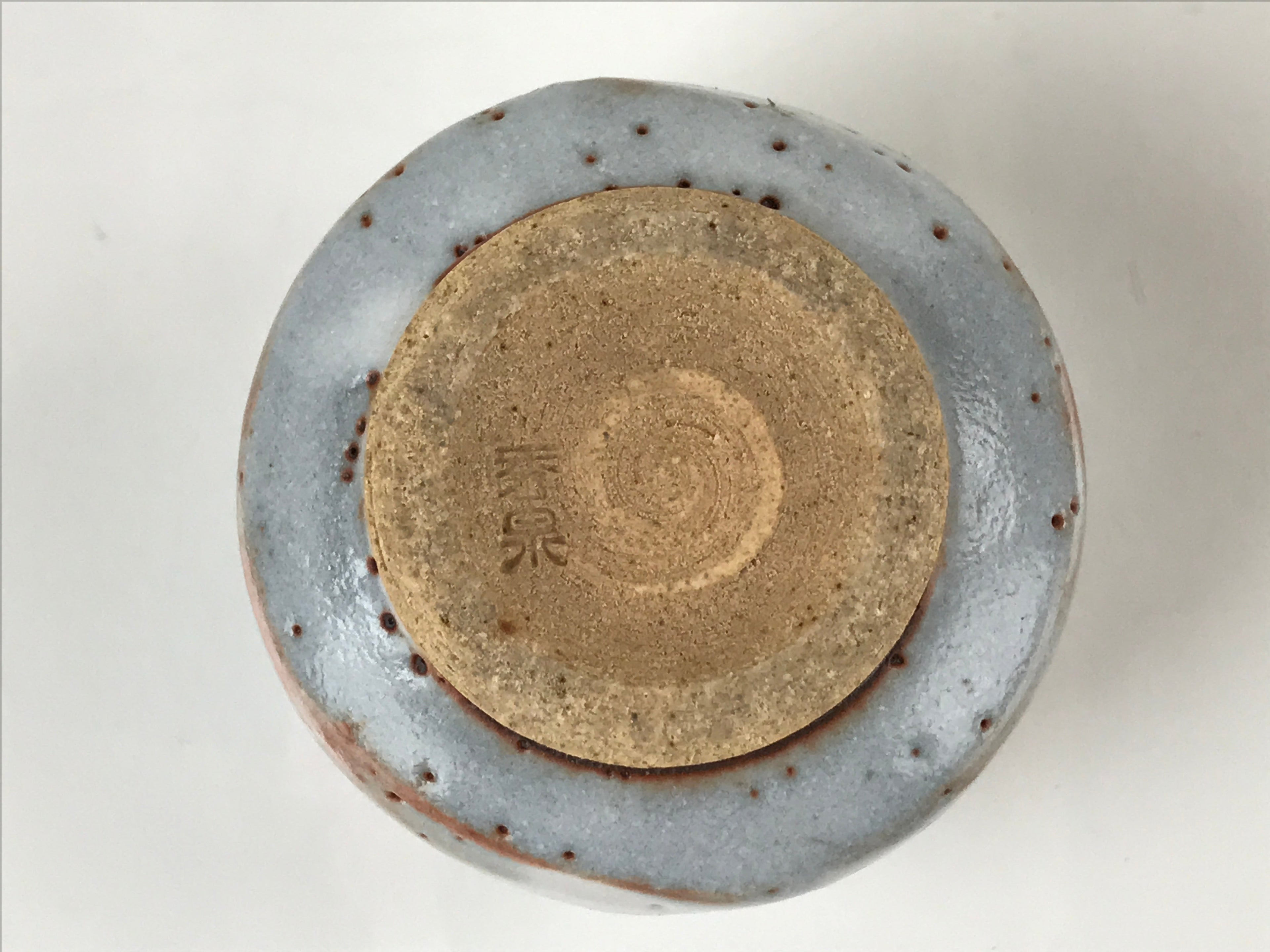 Japanese Ceramic Shino Ware Sake Cup Vtg Tsubomi Guinomi Light Blue White G160
