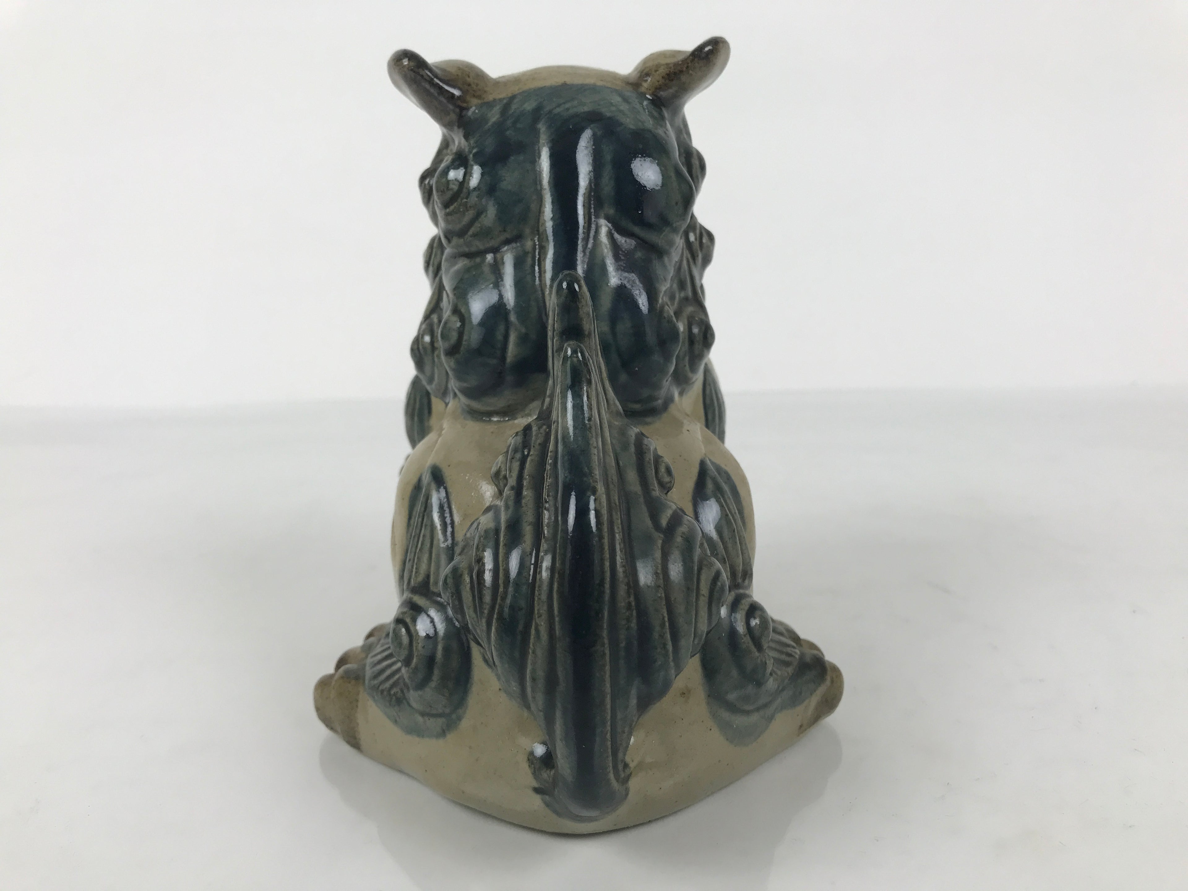 Japanese Ceramic Shishi Foo Lion Dog Statue Vtg Shisa Komainu Beige Blue ST84