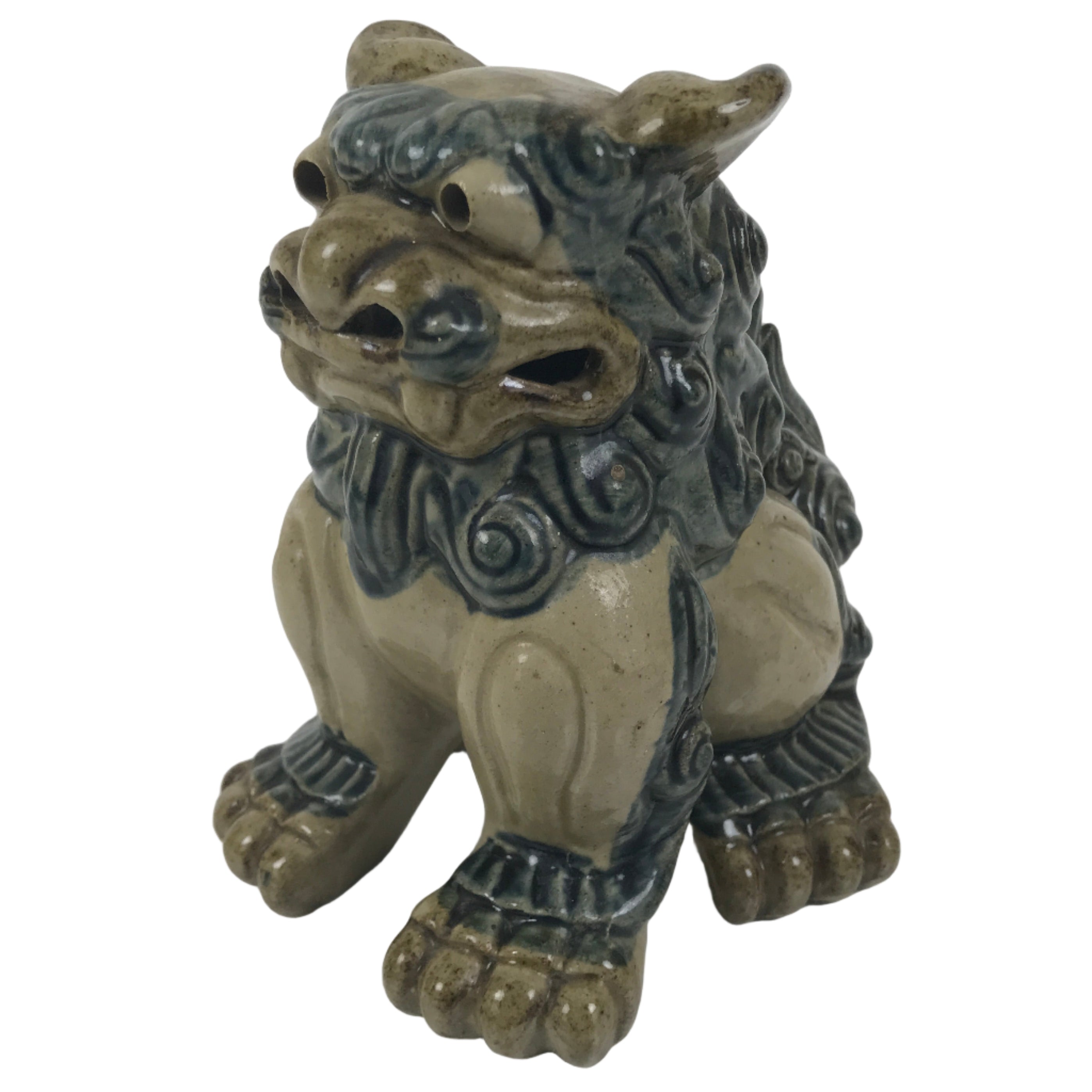 Japanese Ceramic Shishi Foo Lion Dog Statue Vtg Shisa Komainu Beige Blue ST84