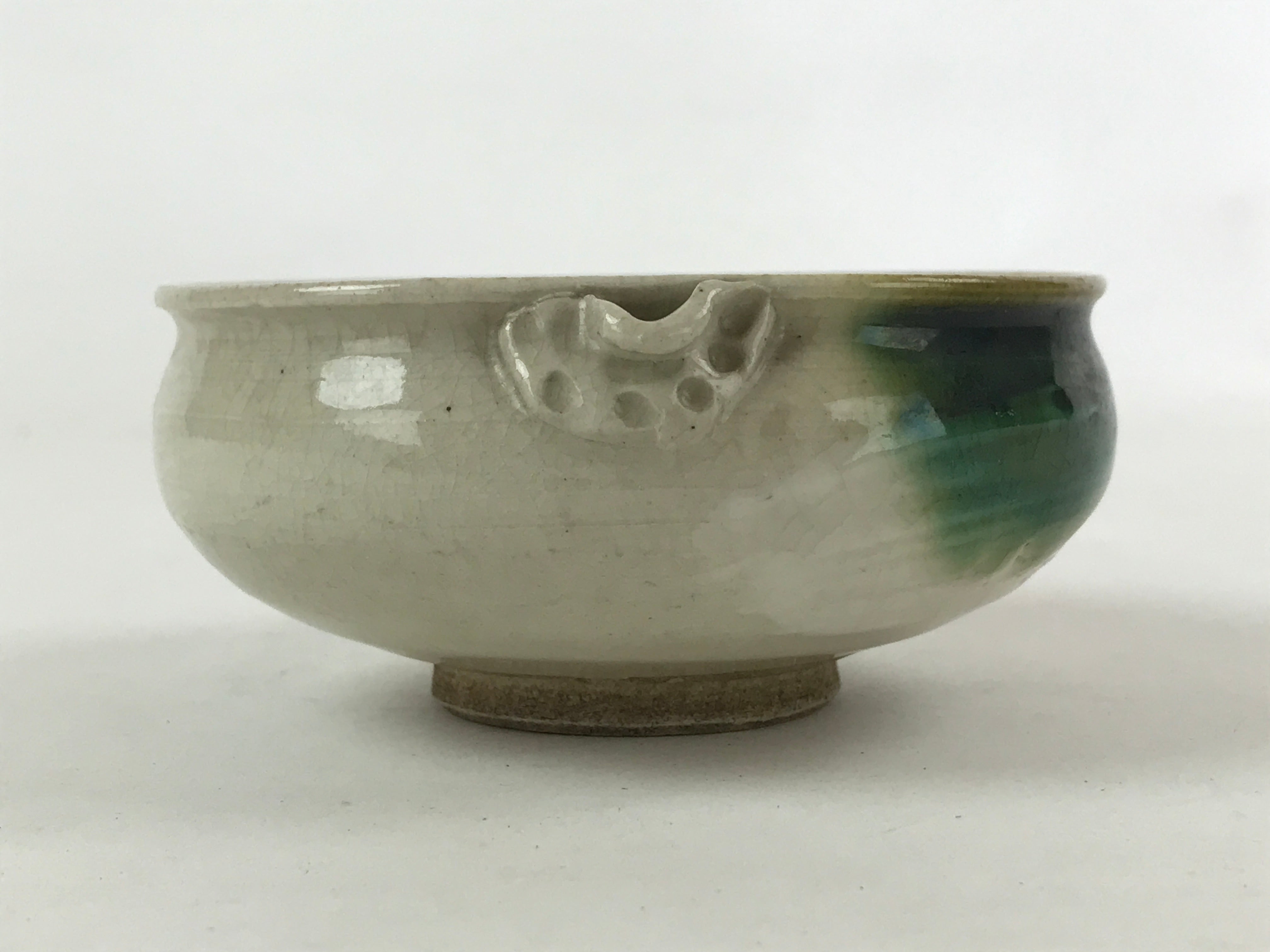 Japanese Ceramic Side Dish Bowl Vtg Nimono Beige Green Crackle Yakimono PY532