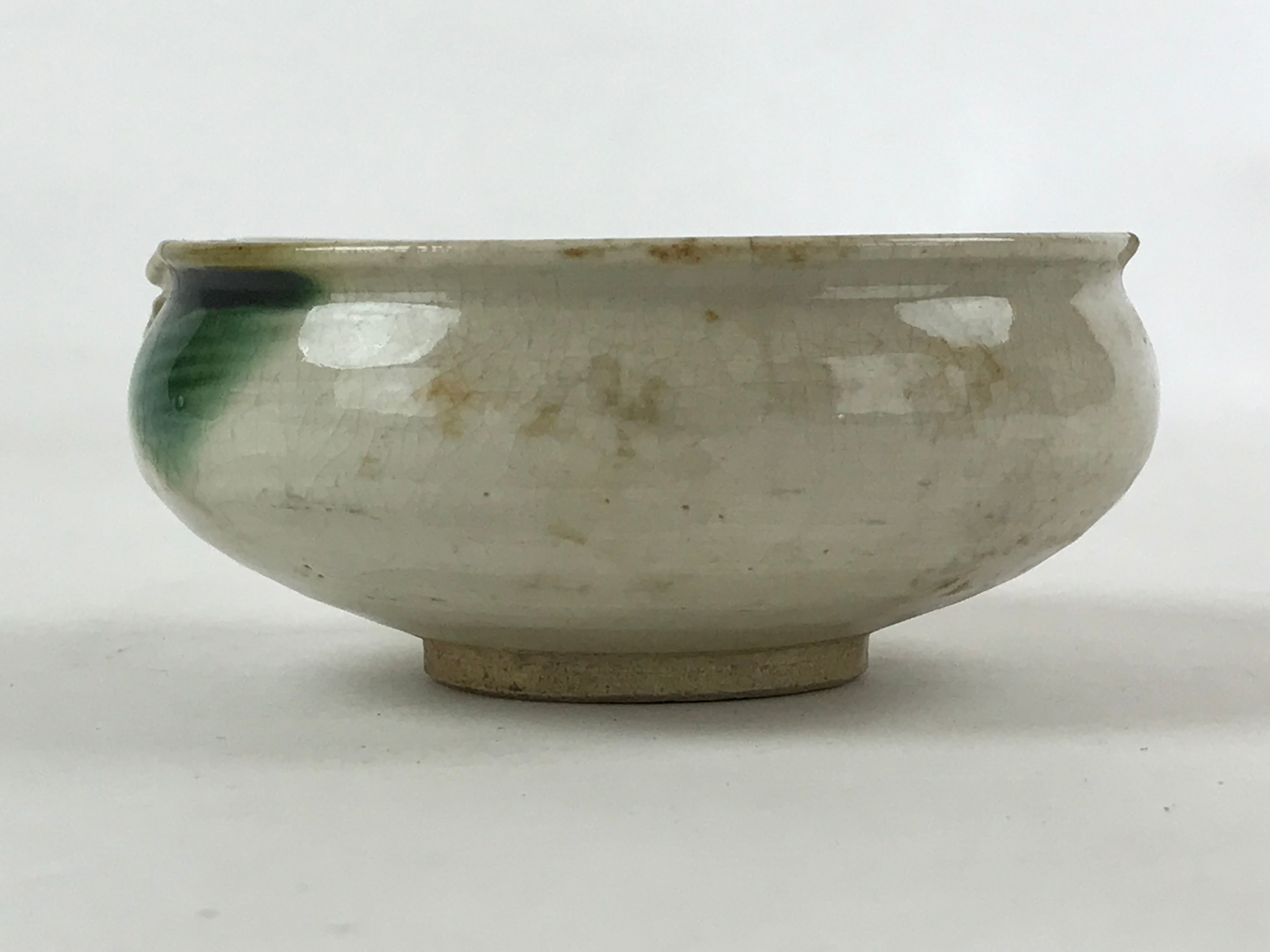 Japanese Ceramic Side Dish Bowl Vtg Nimono Beige Green Crackle Yakimono PY533