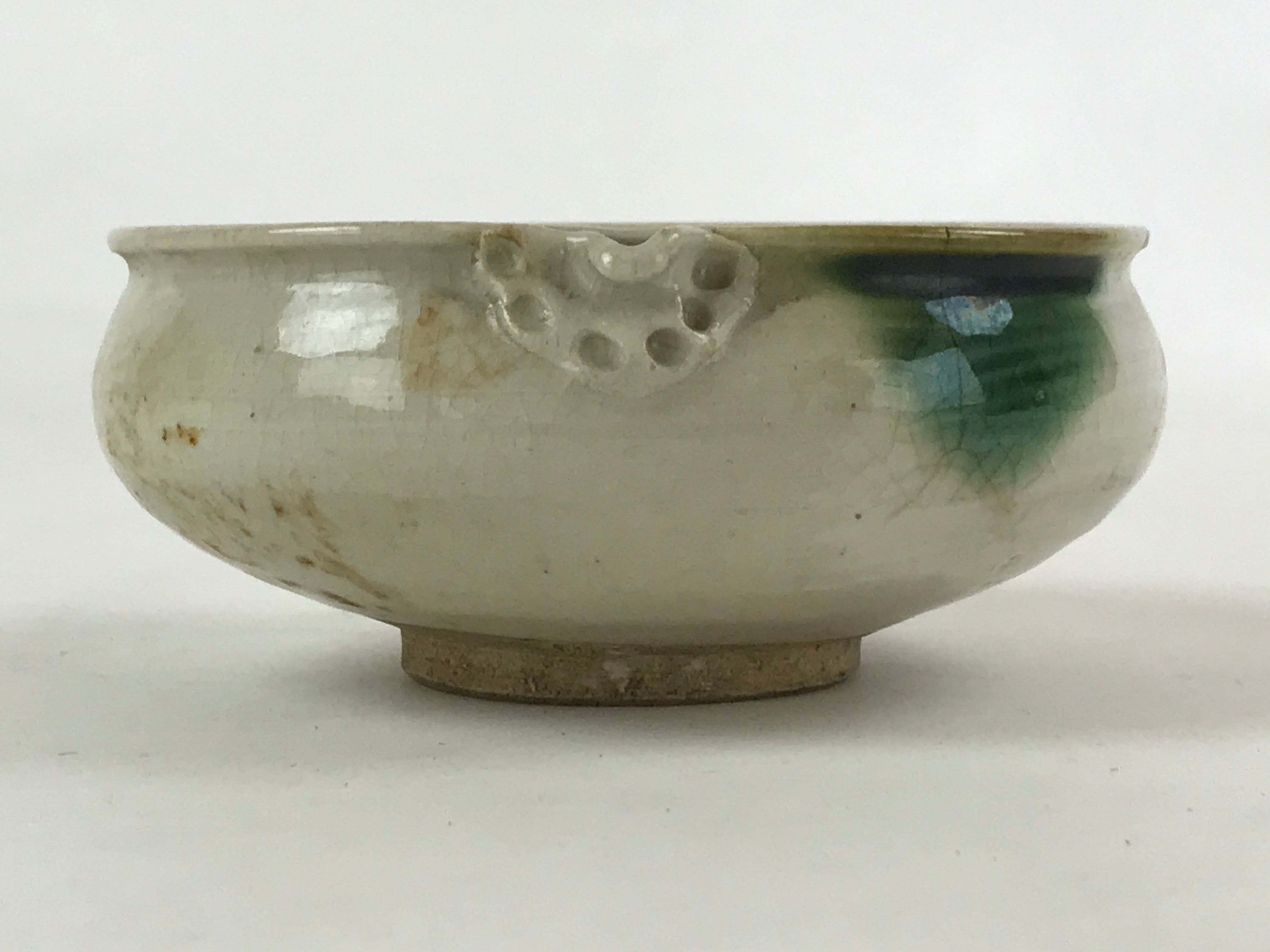 Japanese Ceramic Side Dish Bowl Vtg Nimono Beige Green Crackle Yakimono PY533