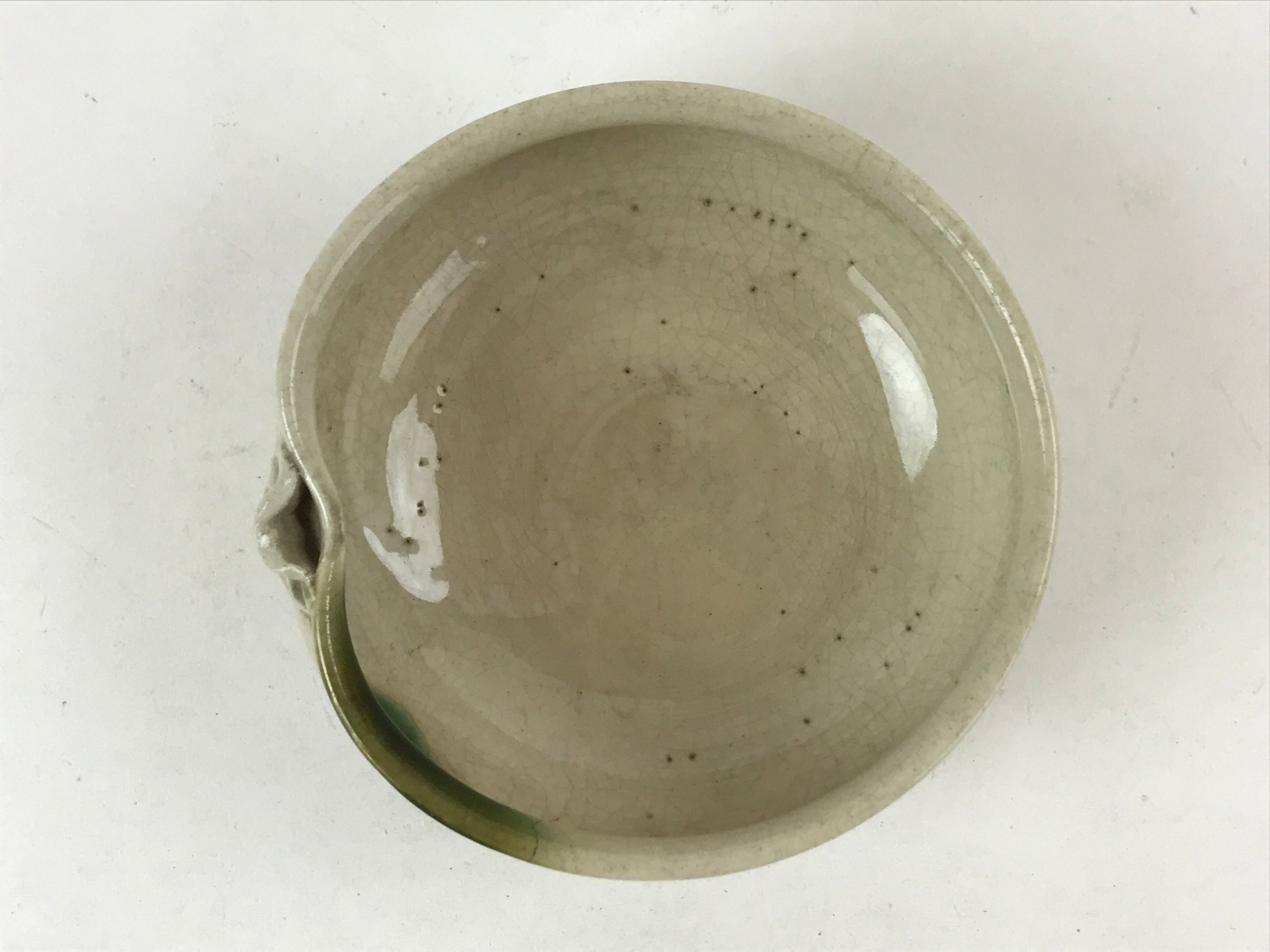 Japanese Ceramic Side Dish Bowl Vtg Nimono Beige Green Crackle Yakimono PY535