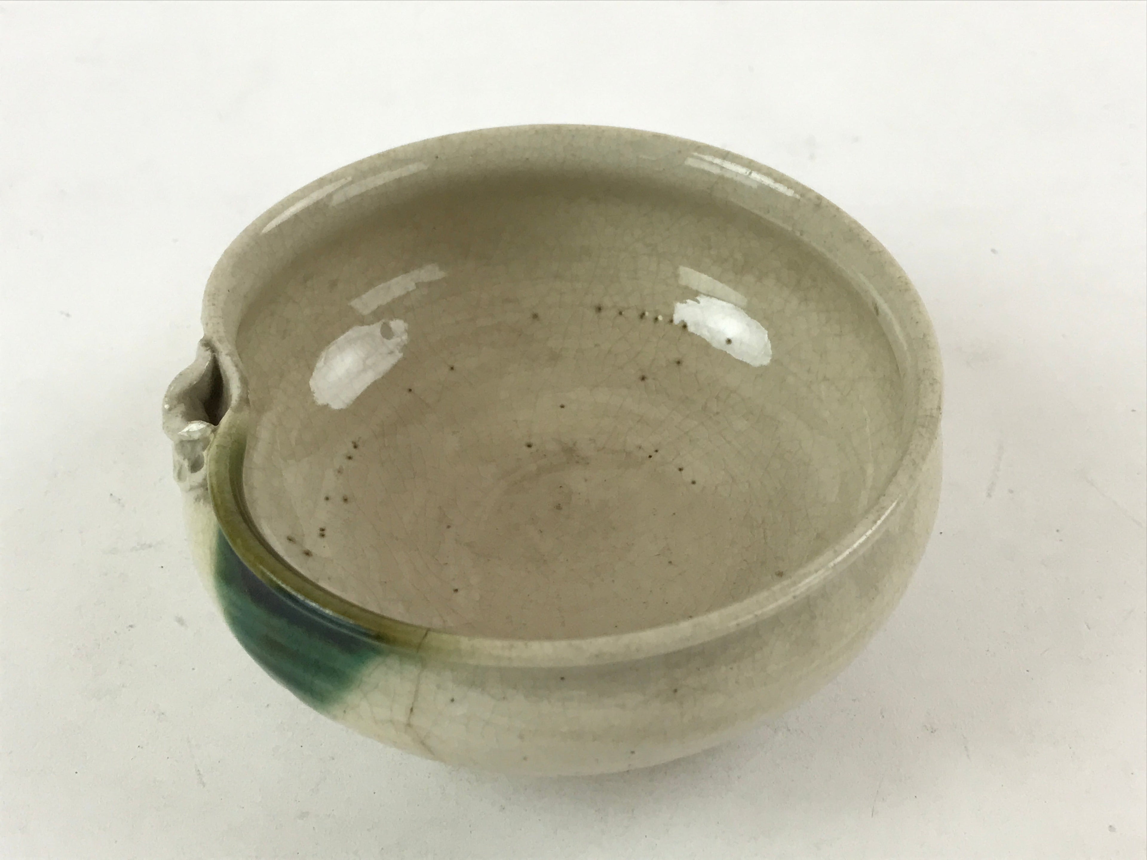 Japanese Ceramic Side Dish Bowl Vtg Nimono Beige Green Crackle Yakimono PY535