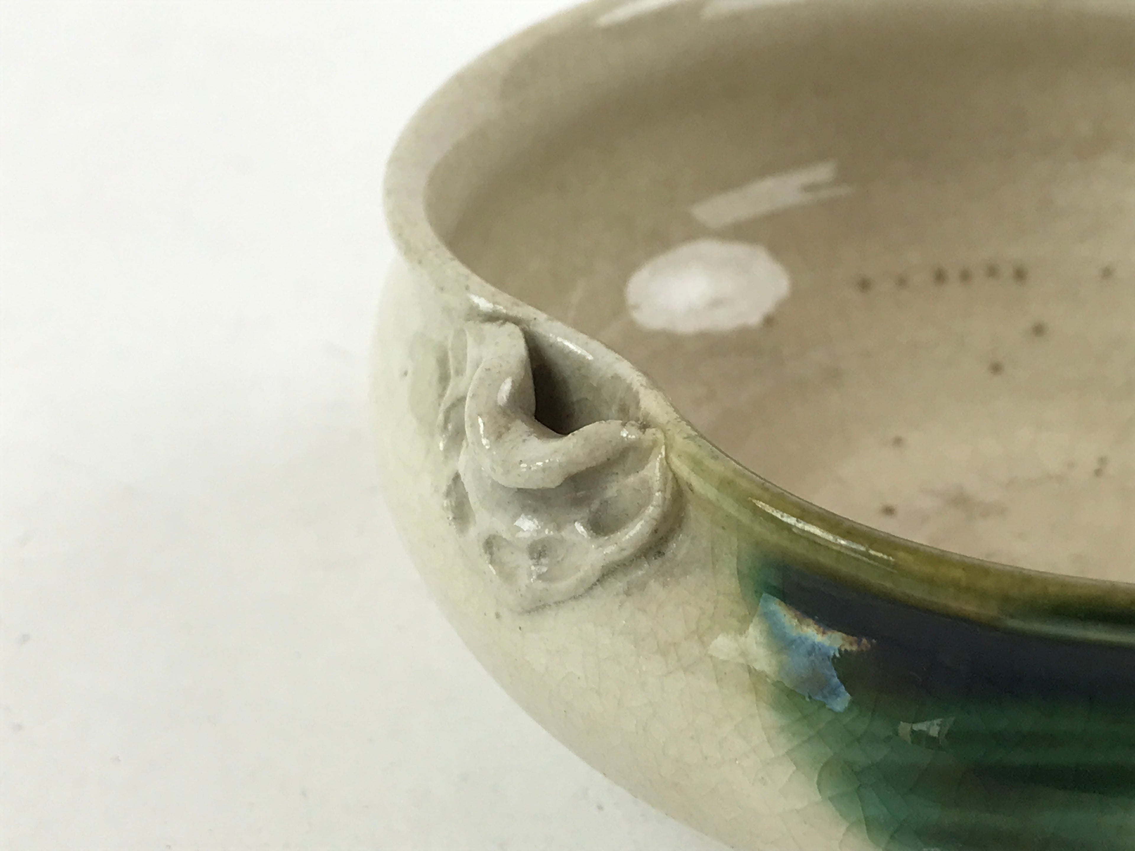 Japanese Ceramic Side Dish Bowl Vtg Nimono Beige Green Crackle Yakimono PY535