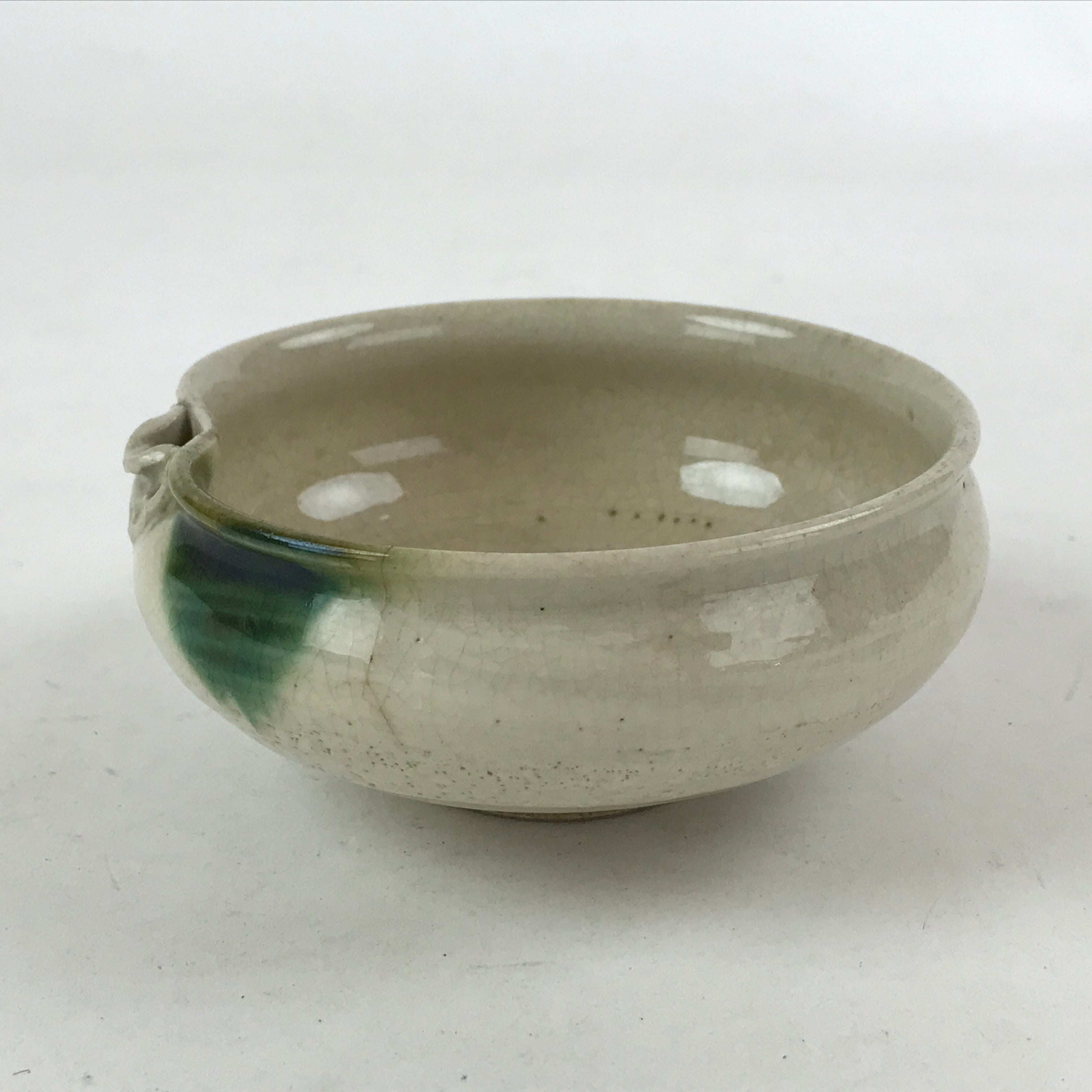 Japanese Ceramic Side Dish Bowl Vtg Nimono Beige Green Crackle Yakimono PY535
