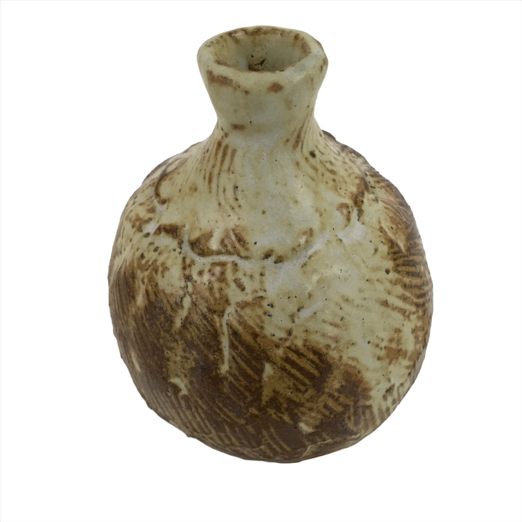 Japanese Ceramic Single Flower Vase Vtg Small Kabin Round Brown Beige MFV79