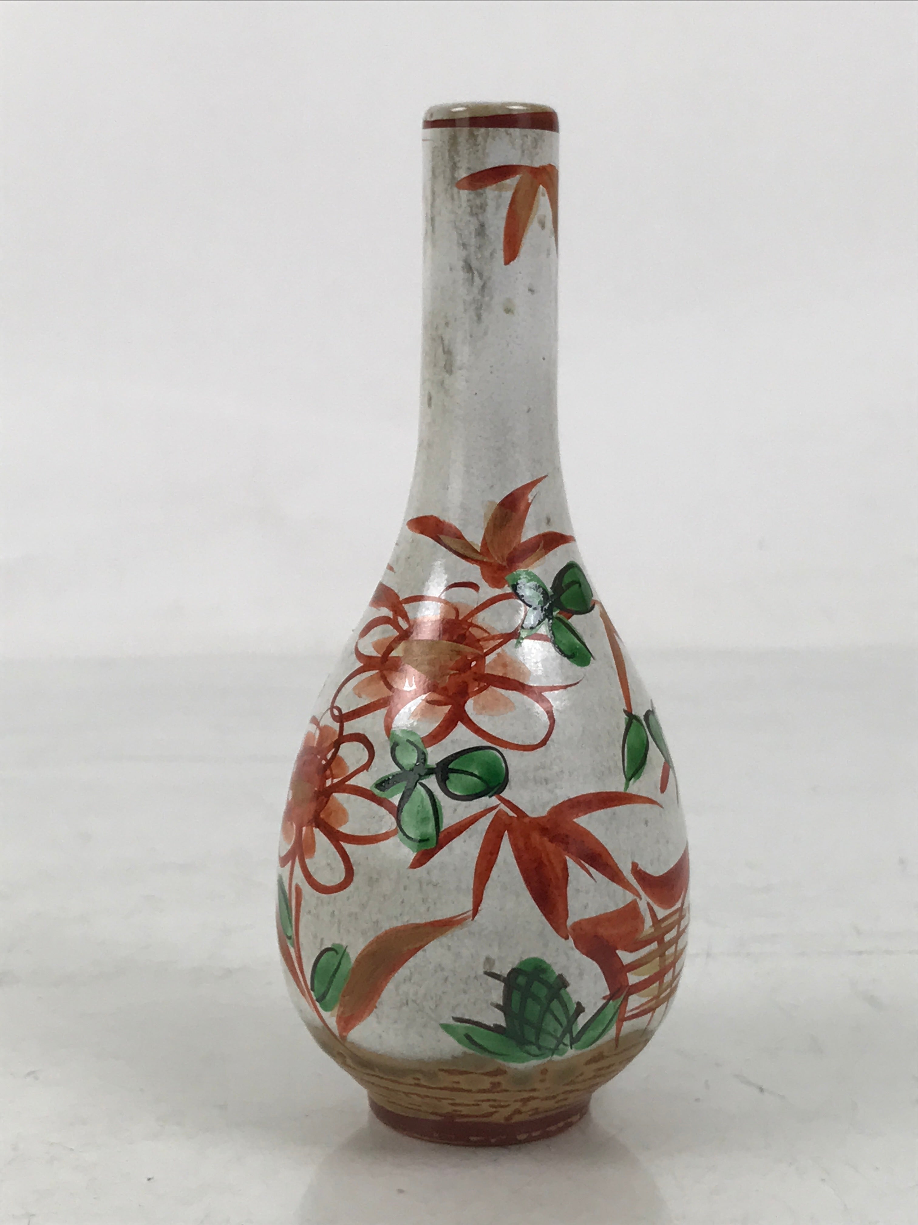 Japanese Ceramic Single Flower Vase Vtg Small Kabin White Red Crane Neck MFV94