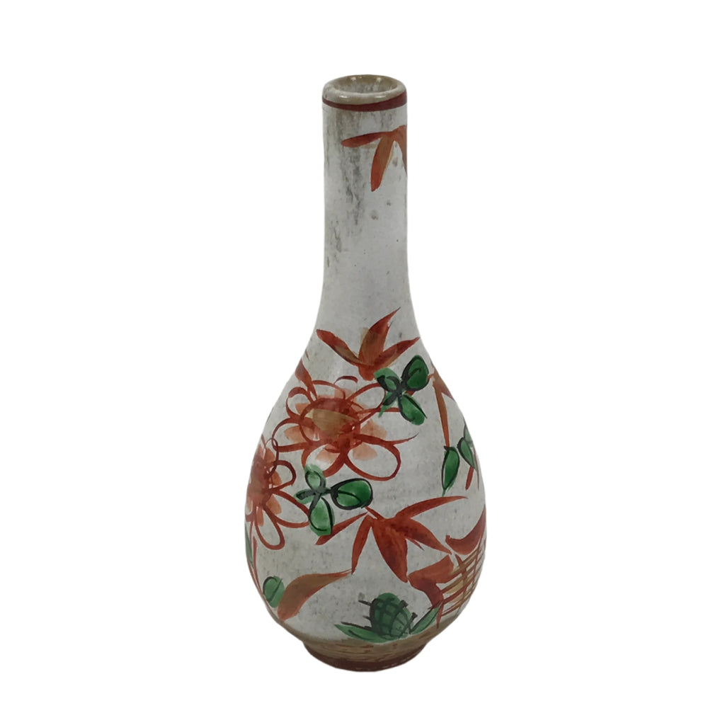 Japanese Ceramic Single Flower Vase Vtg Small Kabin White Red Crane Neck MFV94
