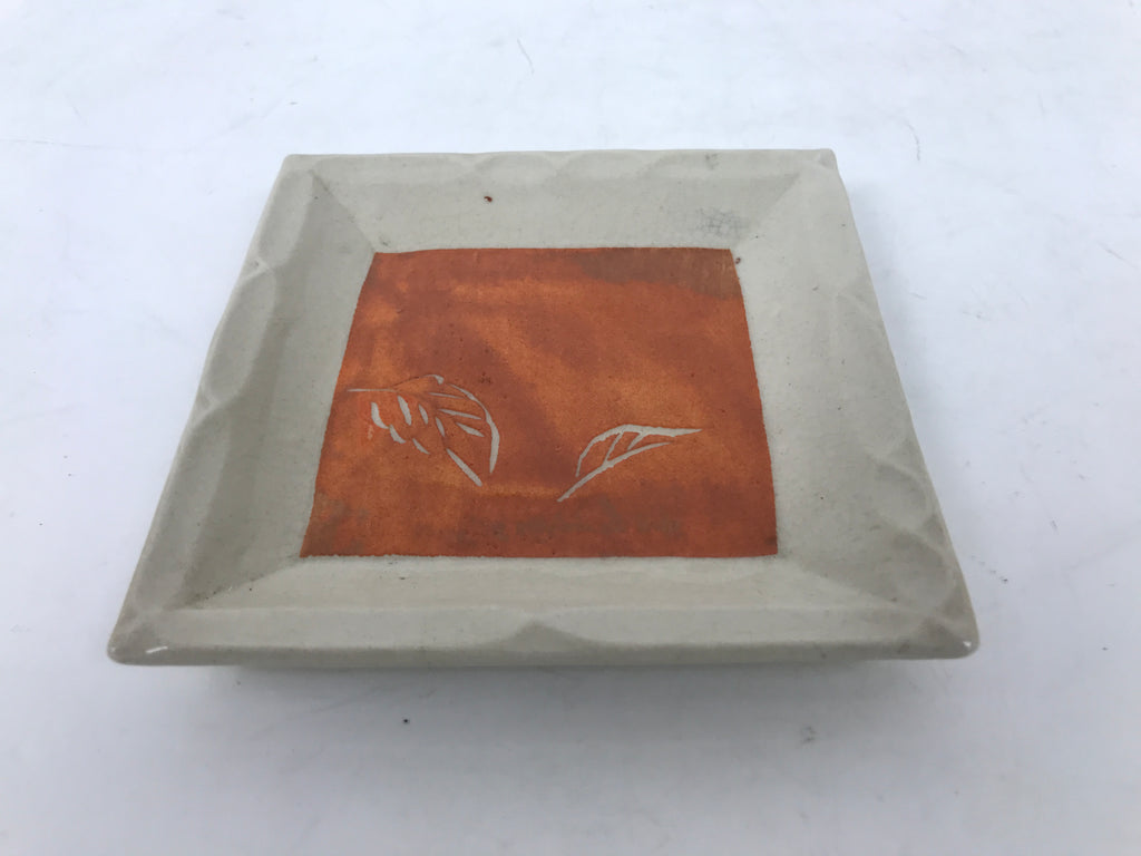 Japanese Ceramic Small Plate Kozara Sara Square Pottery Orange Beige Leaves Y439