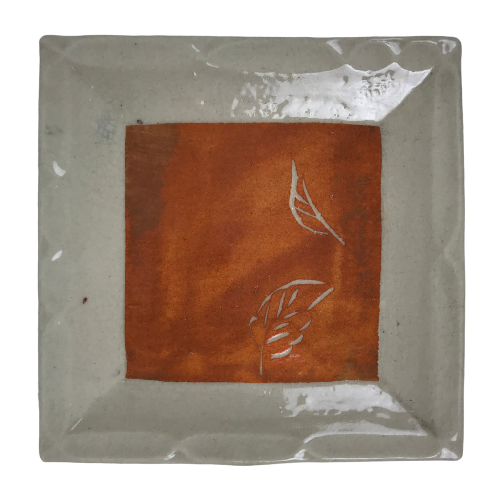 Japanese Ceramic Small Plate Kozara Sara Square Pottery Orange Beige Leaves Y439