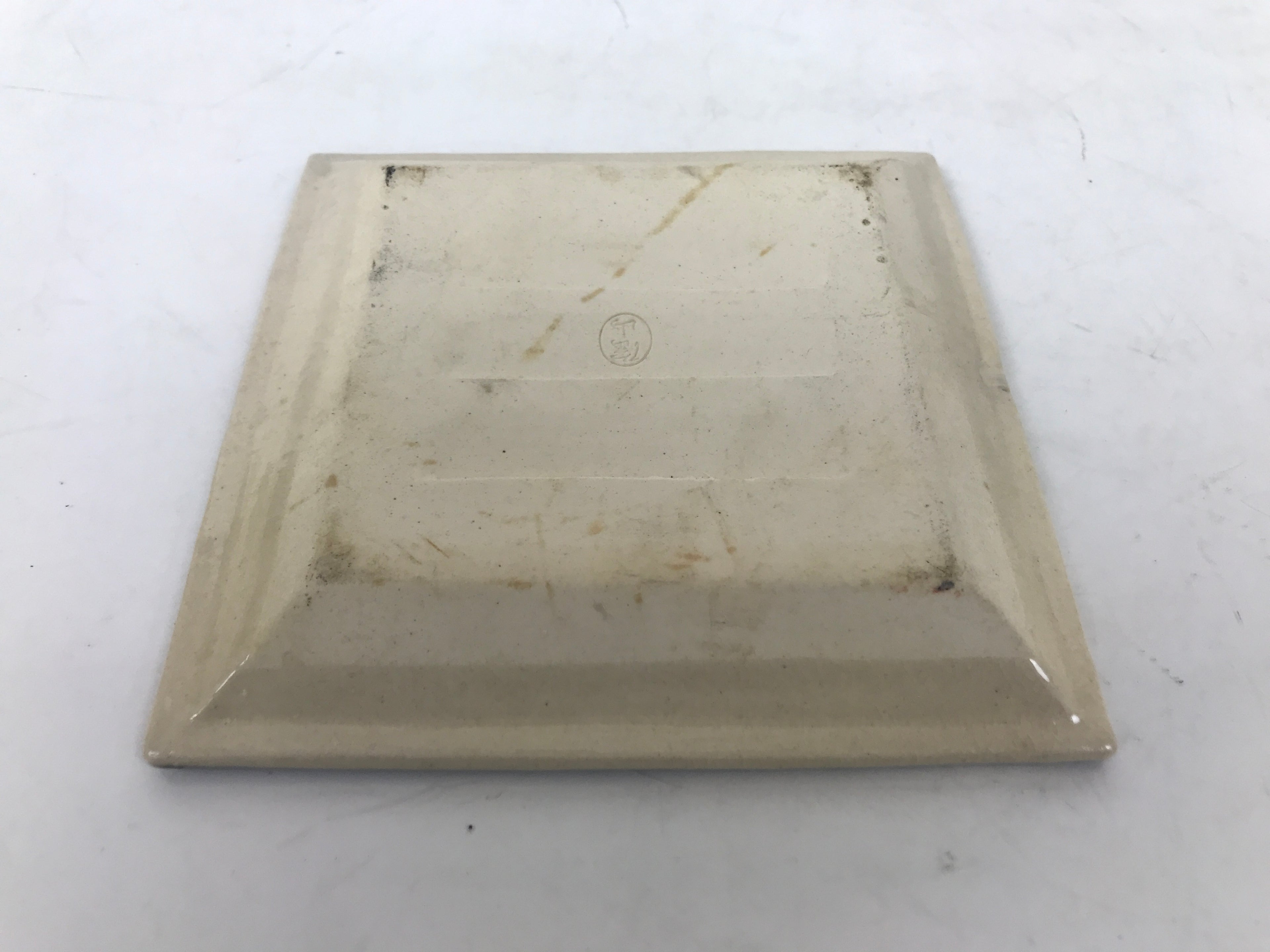 Japanese Ceramic Small Plate Kozara Vtg Sara Square Pottery Beige Leaves Y442