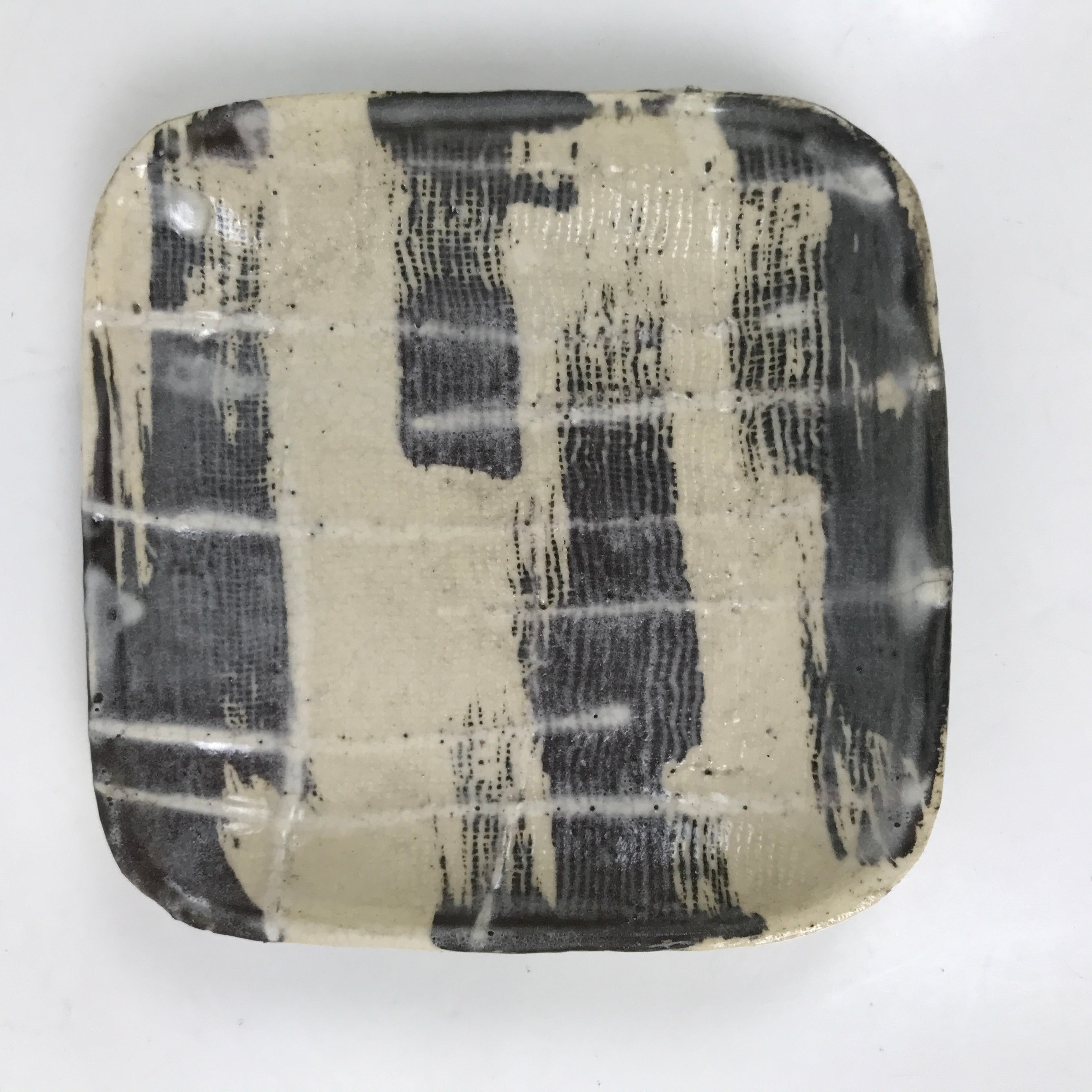 Japanese Ceramic Small Plate Kozara Vtg Sara Square Pottery Black Beige Y232
