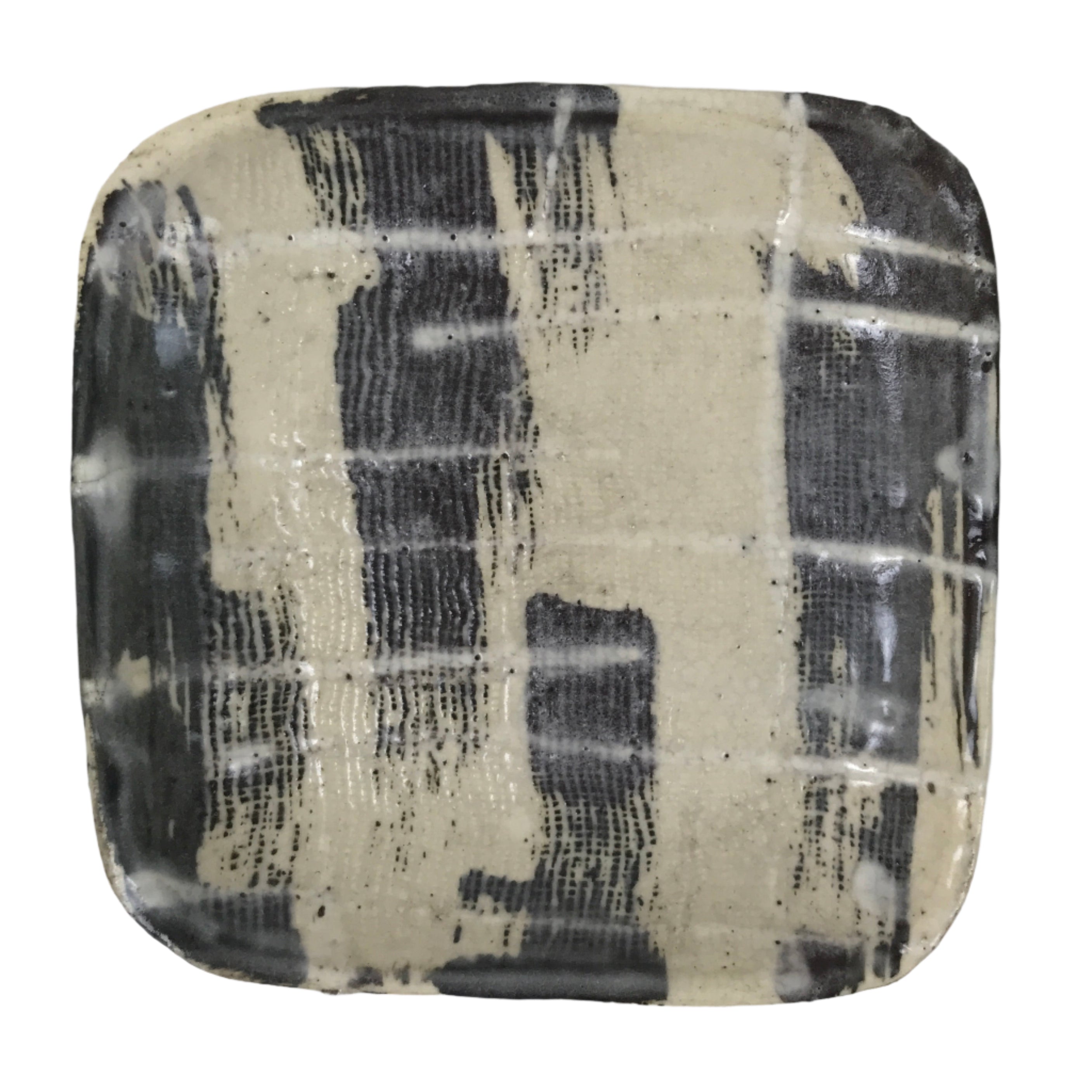 Japanese Ceramic Small Plate Kozara Vtg Sara Square Pottery Black Beige Y232