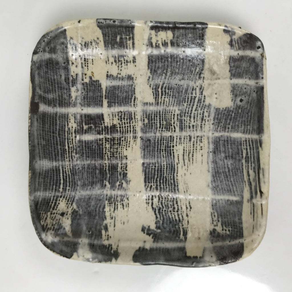 Japanese Ceramic Small Plate Kozara Vtg Sara Square Pottery Black Beige Y234