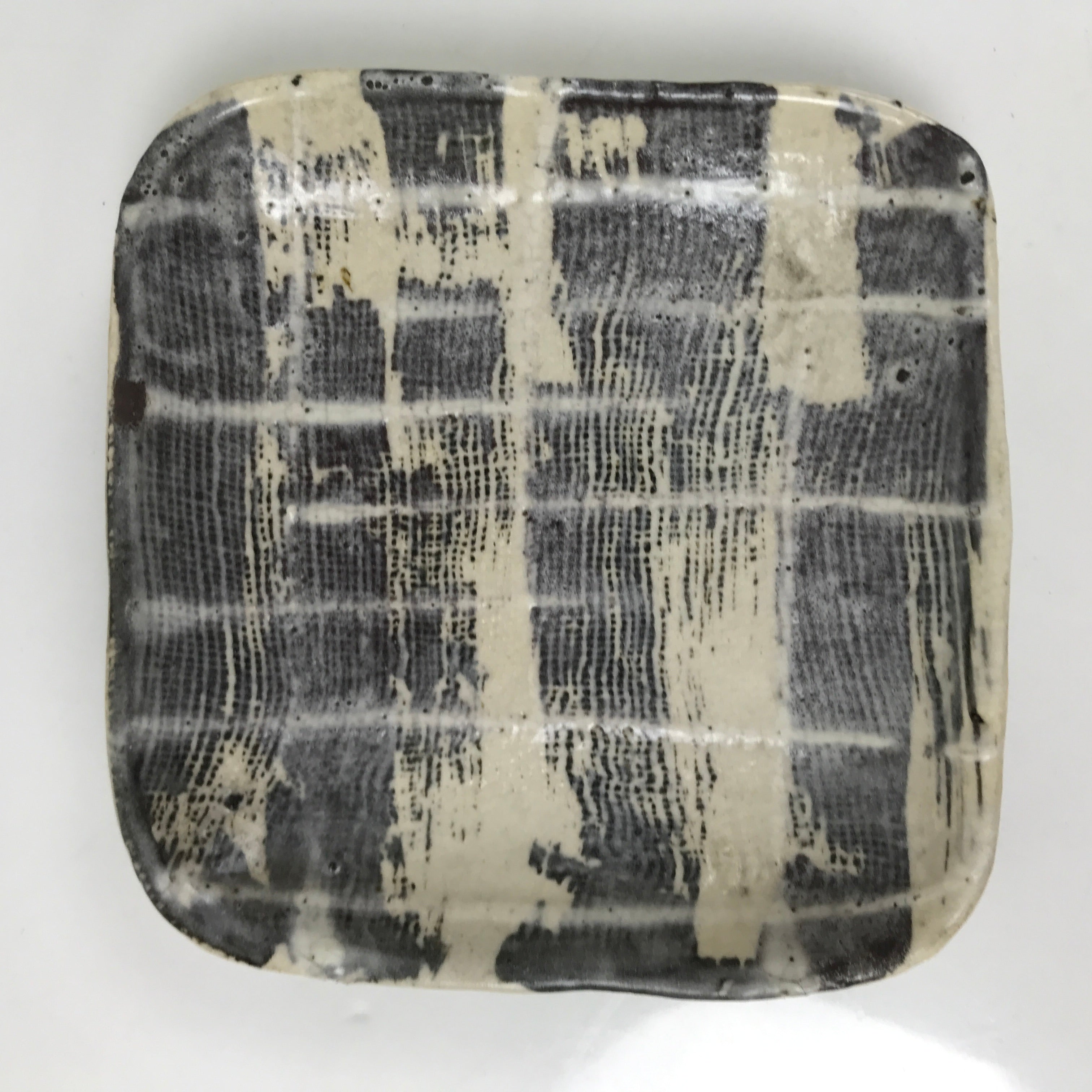 Japanese Ceramic Small Plate Kozara Vtg Sara Square Pottery Black Beige Y234