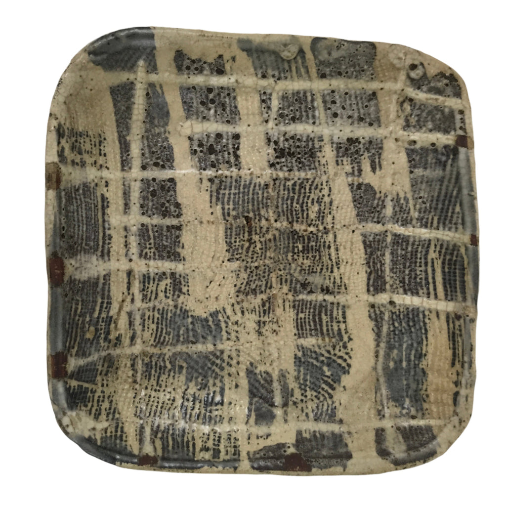 Japanese Ceramic Small Plate Kozara Vtg Sara Square Pottery Black Beige Y236
