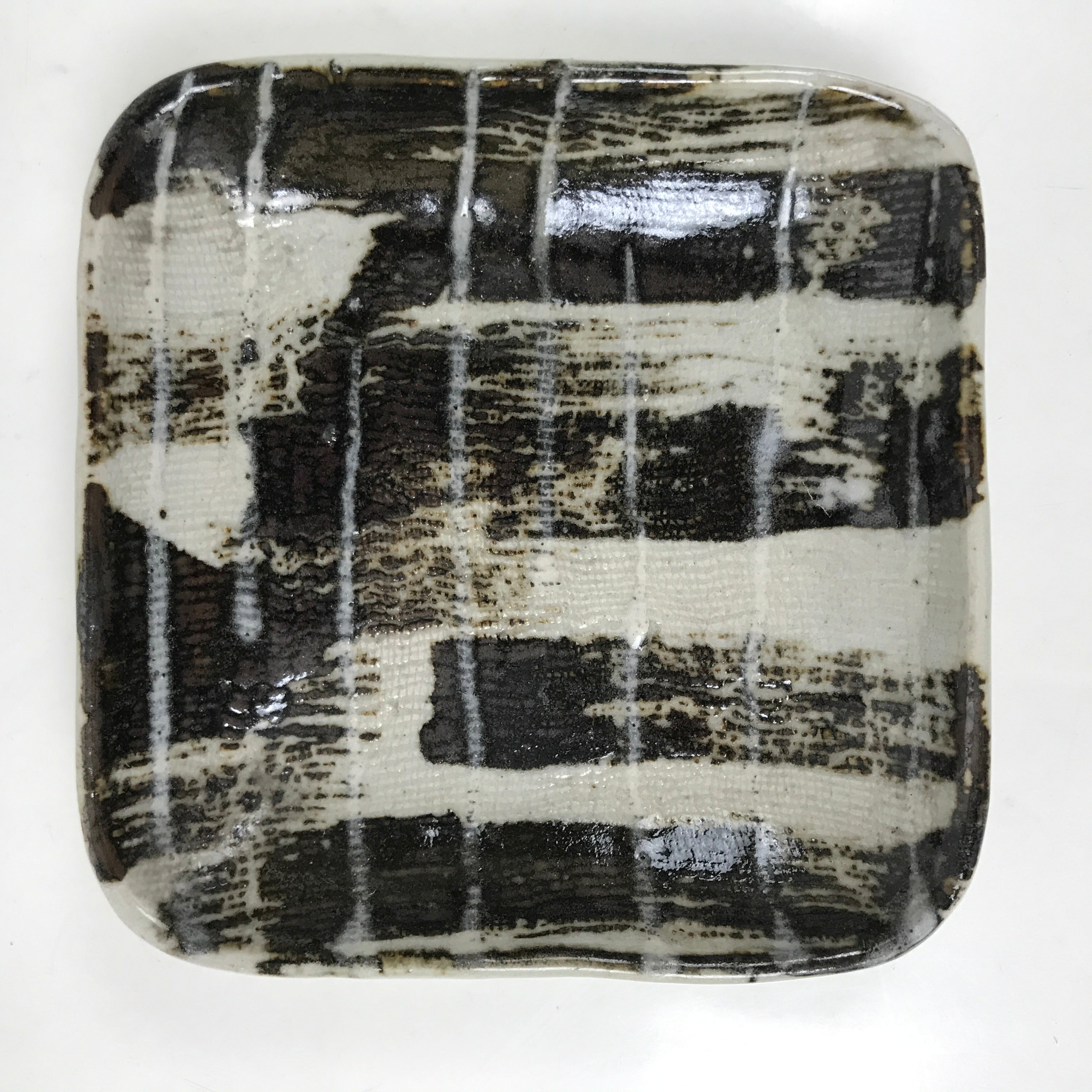 Japanese Ceramic Small Plate Kozara Vtg Sara Square Pottery Black Gray Y241