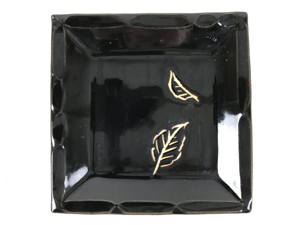 Japanese Ceramic Small Plate Kozara Vtg Sara Square Pottery Black Leaves Y436