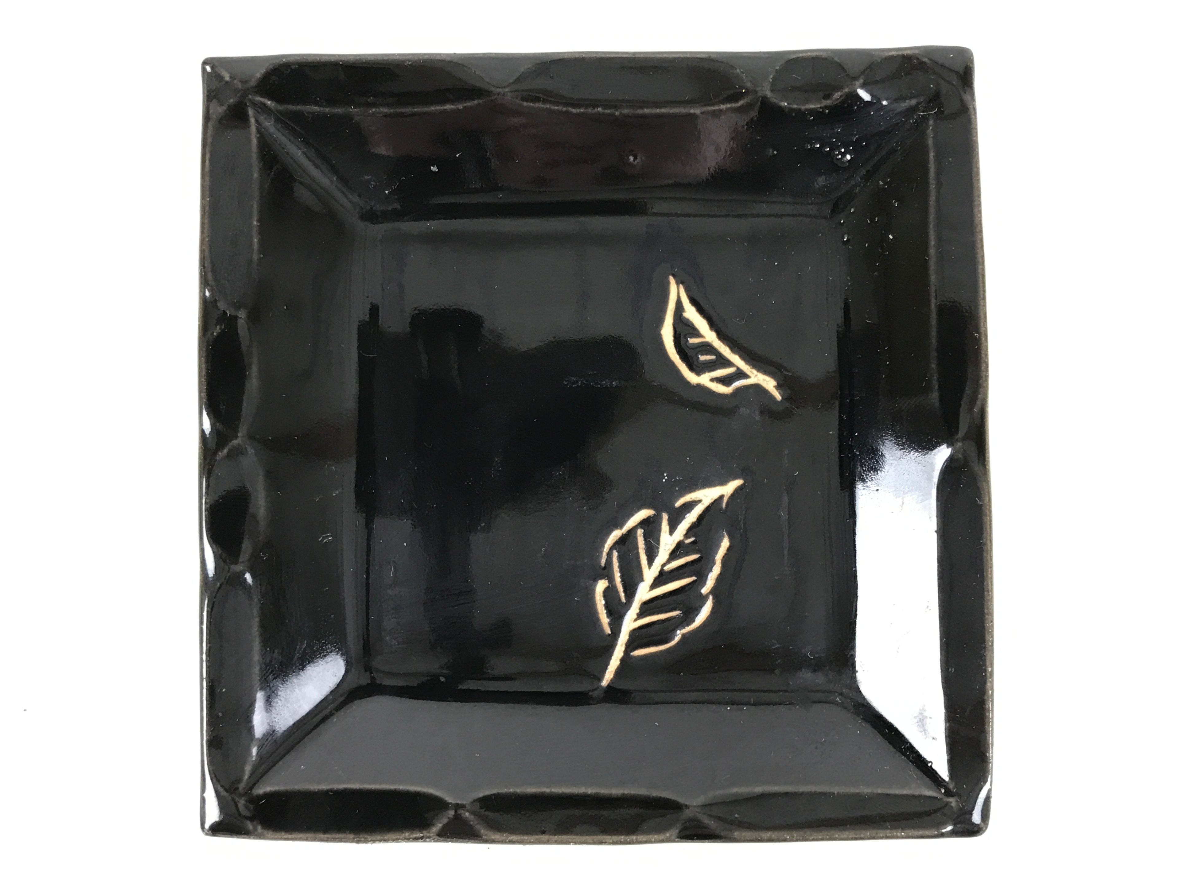 Japanese Ceramic Small Plate Kozara Vtg Sara Square Pottery Black Leaves Y436