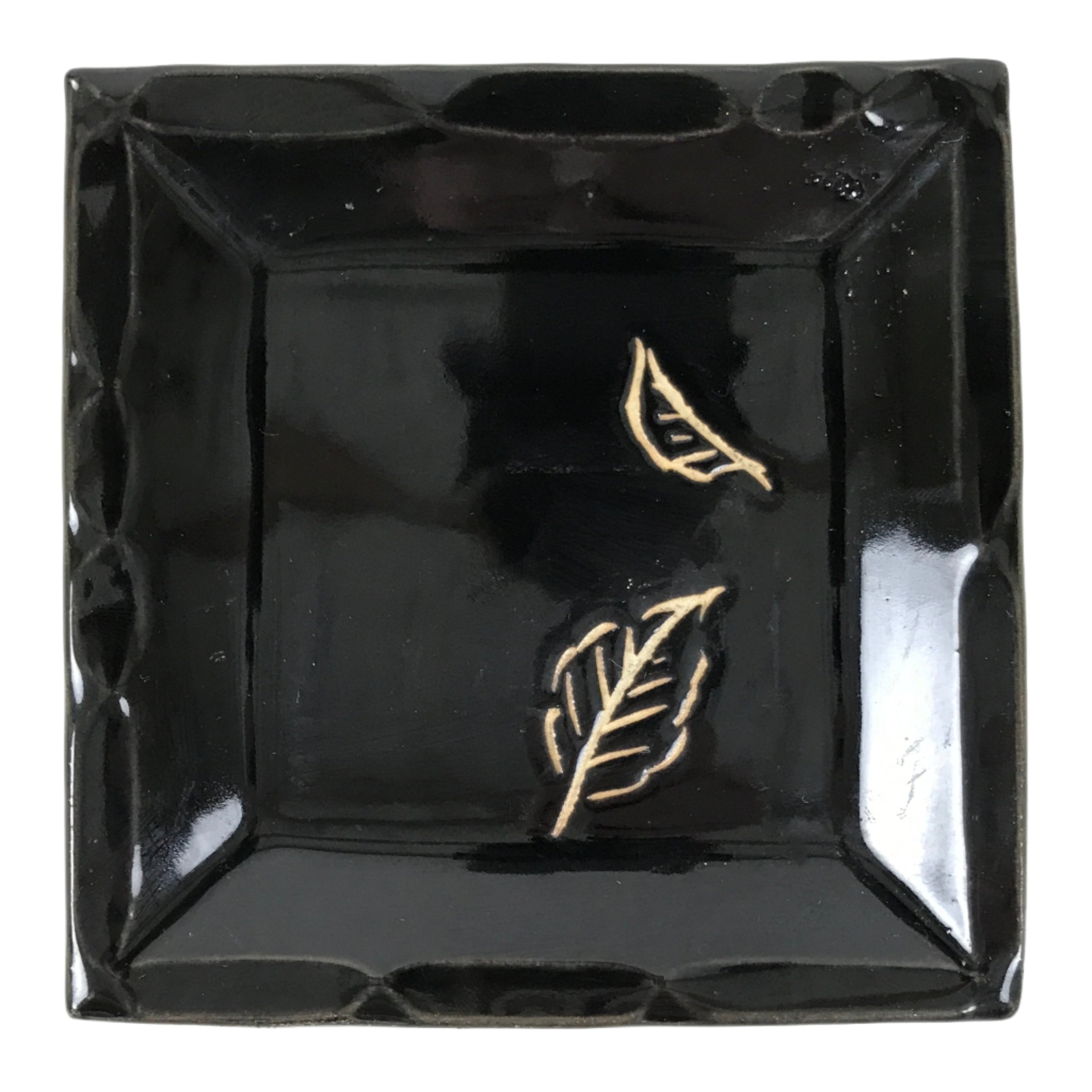 Japanese Ceramic Small Plate Kozara Vtg Sara Square Pottery Black Leaves Y436