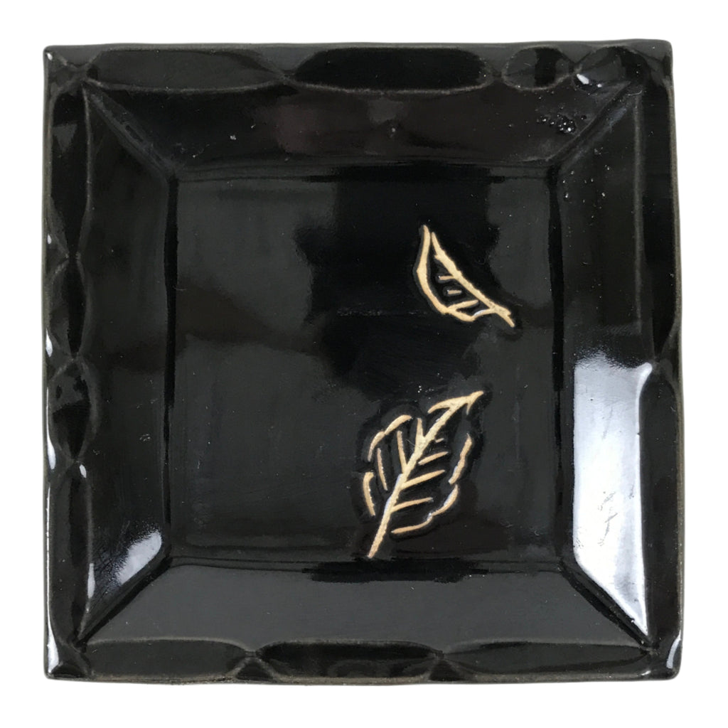 Japanese Ceramic Small Plate Kozara Vtg Sara Square Pottery Black Leaves Y436