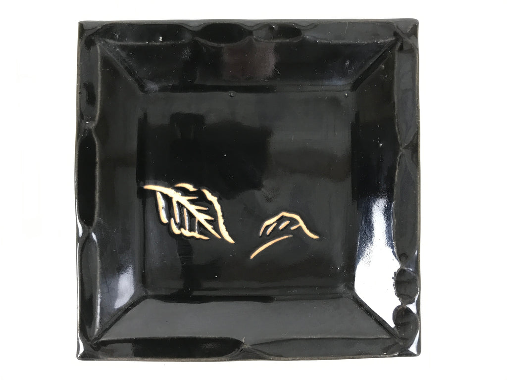 Japanese Ceramic Small Plate Kozara Vtg Sara Square Pottery Black Leaves Y437