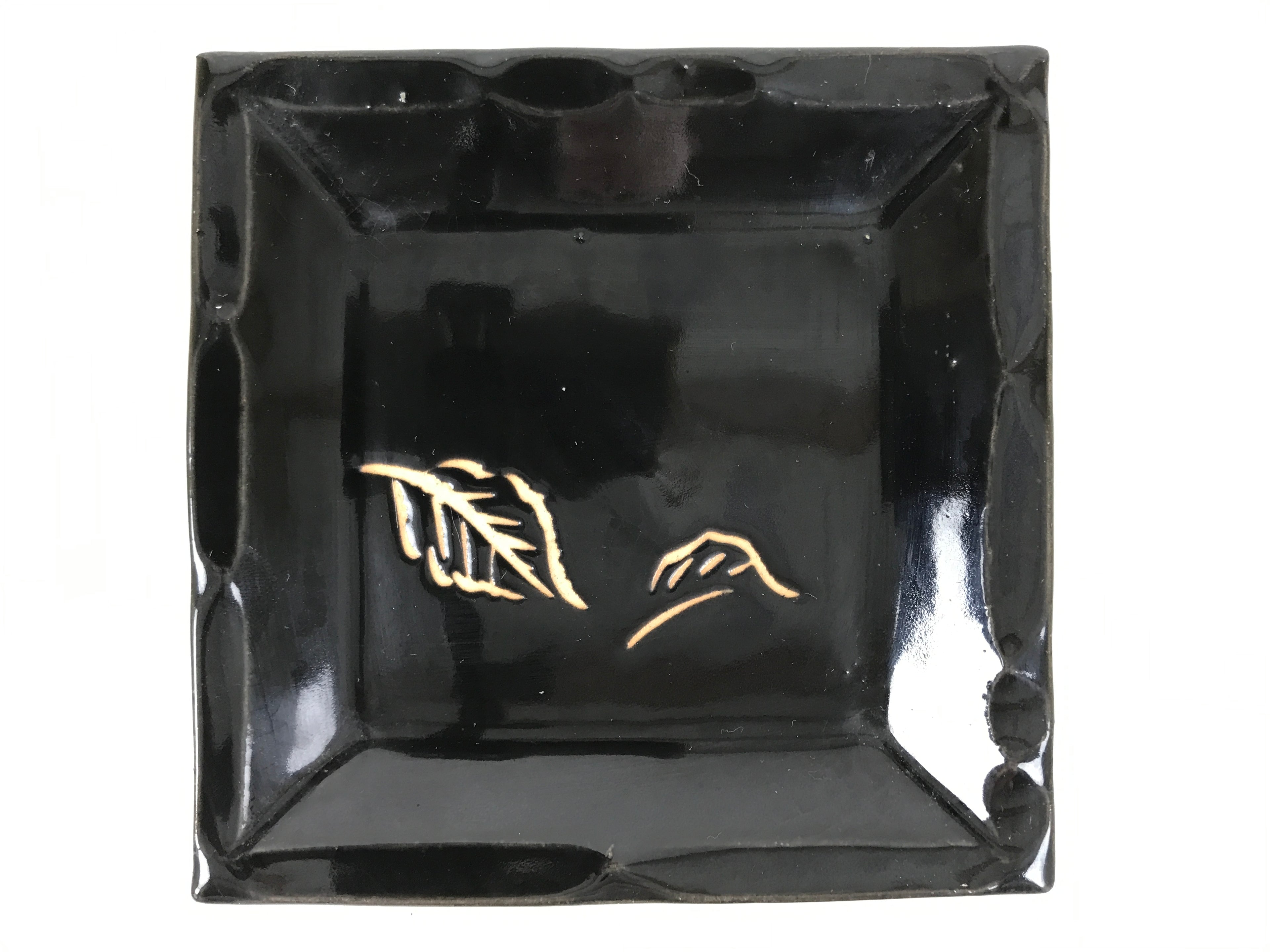 Japanese Ceramic Small Plate Kozara Vtg Sara Square Pottery Black Leaves Y437