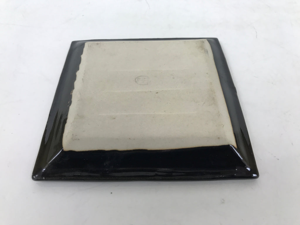 Japanese Ceramic Small Plate Kozara Vtg Sara Square Pottery Black Leaves Y437